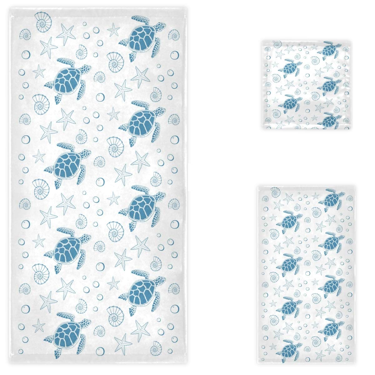 Premium Soft Luxury 3-Piece Bath Towel Set - 1 Bath Towel, 1 Hand Towel, 1 Washcloth with Ocean Turtle & Starfish Shell Design | Ultra Absorbent for Bathroom, Hotel, Gym, Spa & Beach Use | Blue & White Coastal Decor