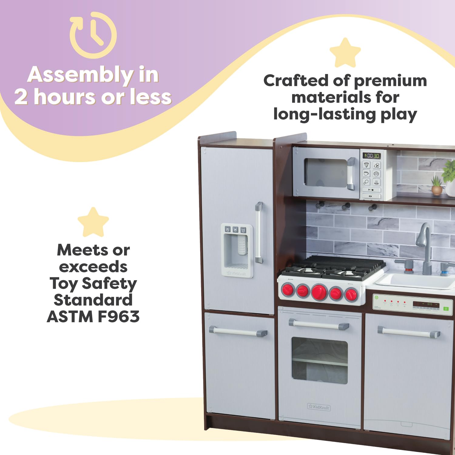 KidKraft Uptown Elite Espresso Play Kitchen - Wooden Pretend Play Set with Lights, Sounds & Working Ice Maker | EZ Kraft Assembly™ | Click & Turn Knobs | Educational Toy Gift for Kids Ages 3+ | Perfect for Imaginative Play, Role-Playing & Early Childhood Development