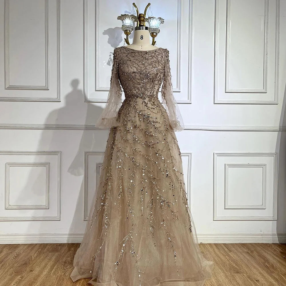 Luxury Dubai Long Evening Dresses for Women - Beaded Muslim Caramel A-Line Gowns for Wedding Party & Special Occasions | Serene Hill LA71653A | Perfect for Red Carpet Events, Galas & Formal Celebrations