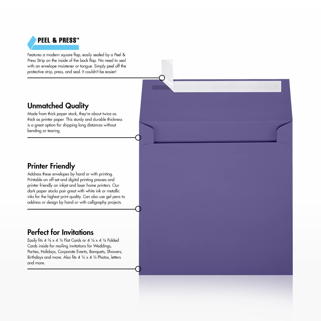 Premium LUXPaper Square Invitation Envelopes 5x5 Inches - Wisteria Purple 80lb Text Weight (Pack of 500) - Self-Seal Peel & Press Closure for Weddings, Parties, Greeting Cards and Special Events