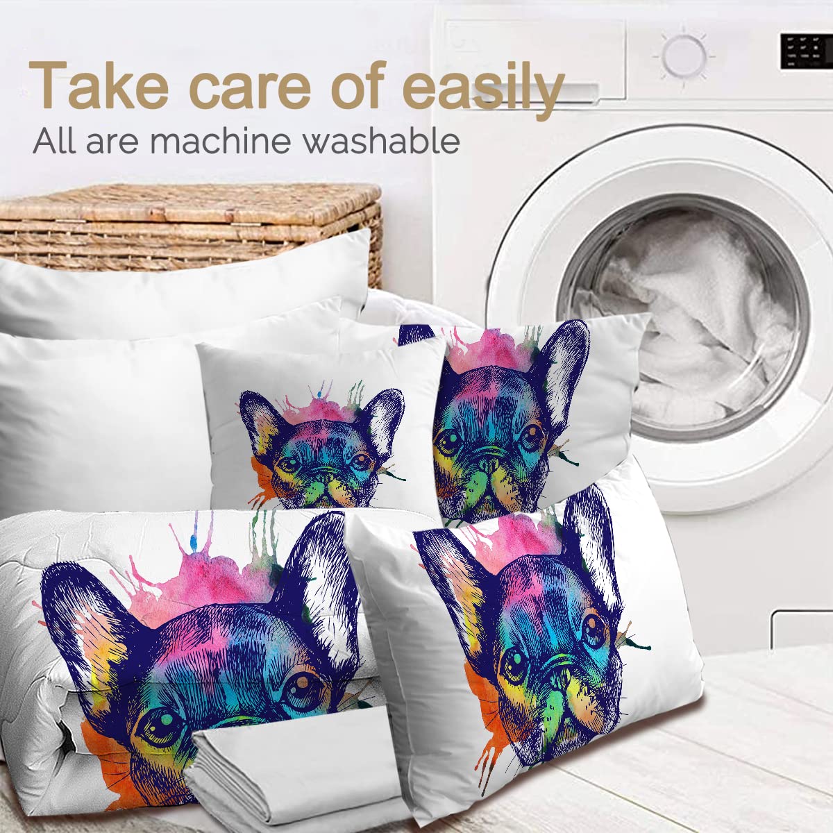 BlessLiving French Bulldog Print 8-Piece King Size Bedding Set - Comforter, Shams, Sheets & Cushion Cover | Abstract Dog Pattern Bed in A Bag | Perfect for Pet Lovers' Bedroom & Guest Room Decor