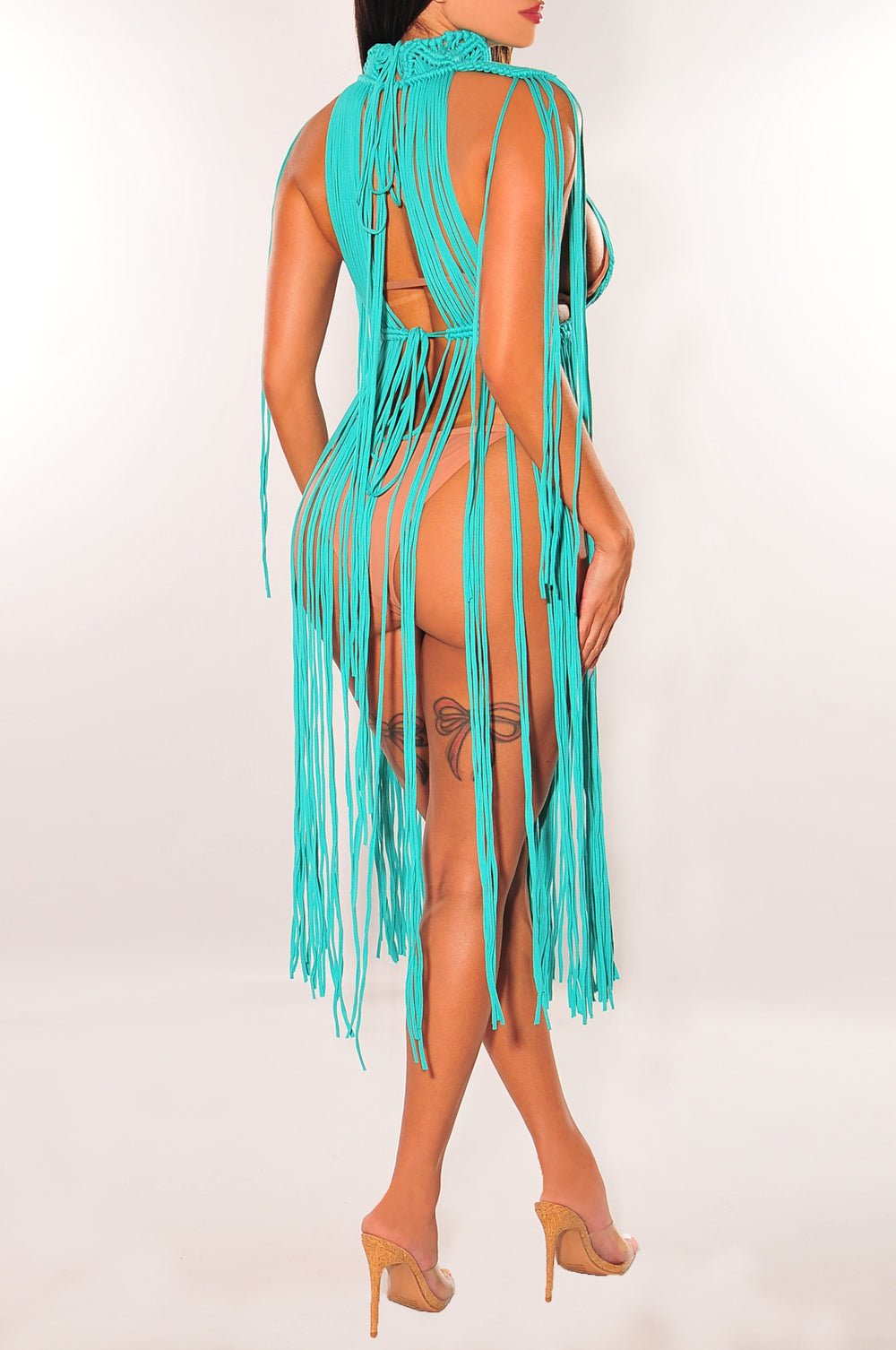 Stylish Turquoise Crochet Cape Sleeves Fringe Cover Up Dress for Beach, Boho Fashion & Summer Outfits