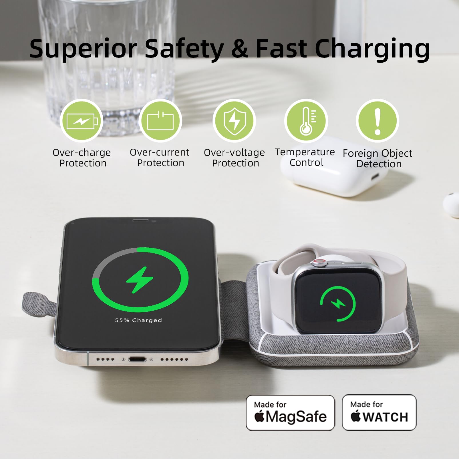 Mangotek 2-in-1 Magnetic Wireless Charger - Foldable MagSafe Charging Pad & Station for iPhone 15/14/13/12/11 Series, AirPods & Apple Watch | Portable Travel Charger for Home, Office & Car Use