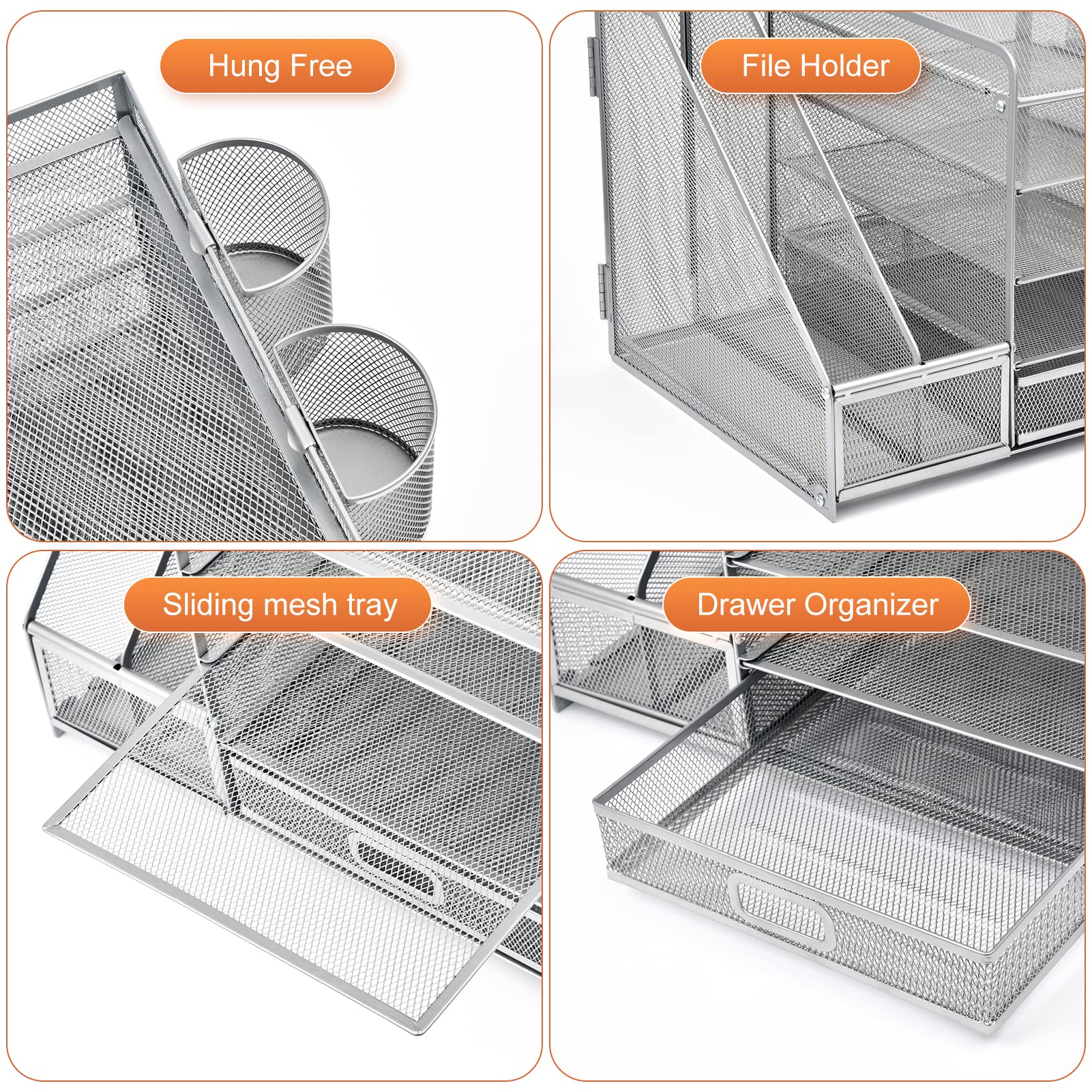 5-Tier Mesh Desk Organizer with File Holder, Drawer & Pen Holders - Silver Office Storage Solution for Paper, Magazines & Supplies | Perfect for Home Office, Workspace & School Organization