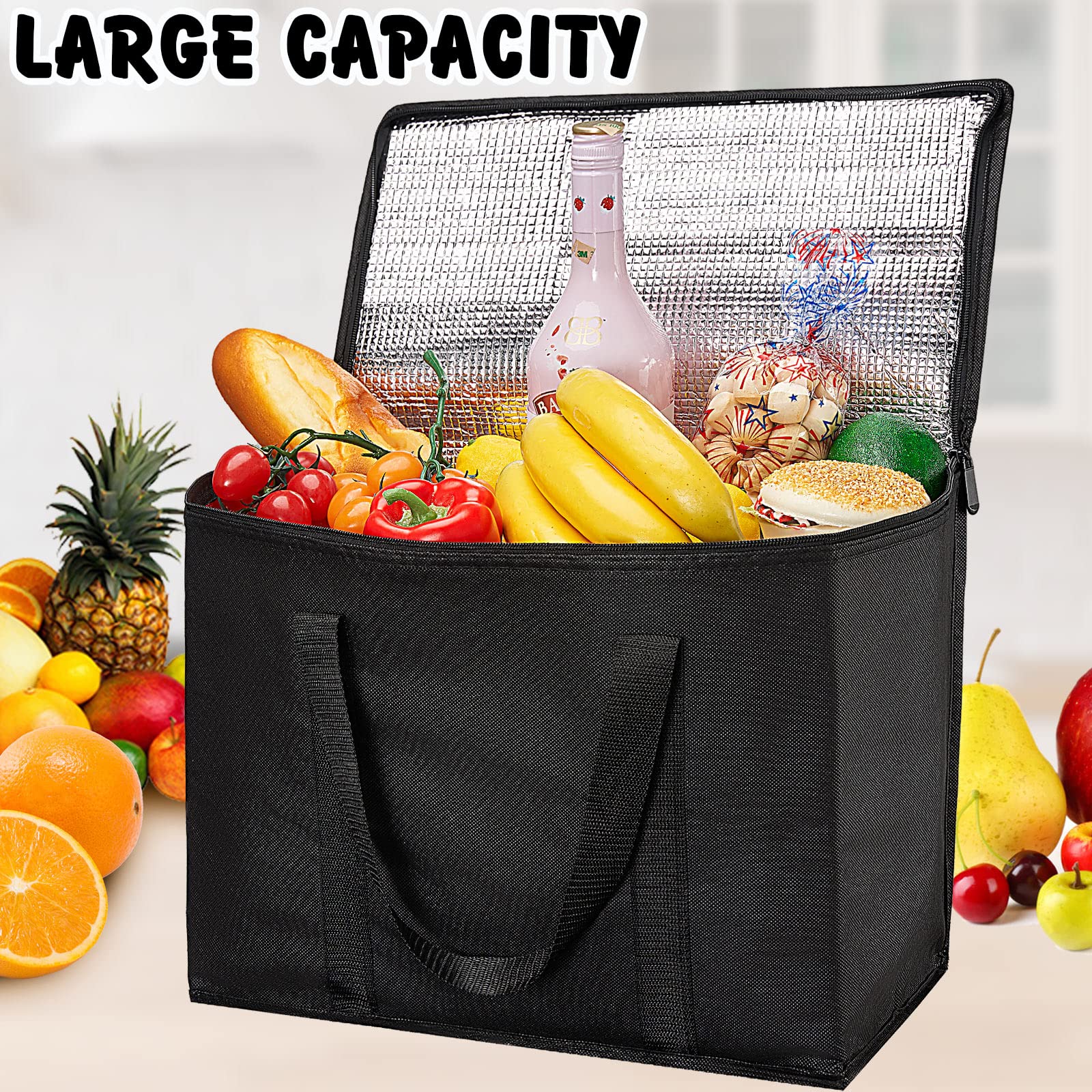 Honeydak 10 Pack Insulated Reusable Grocery Bags with Zipper & Handles - 40 x 22 x 33 cm Thermal Shopping Bags for Groceries, Food Delivery, Picnics & Camping