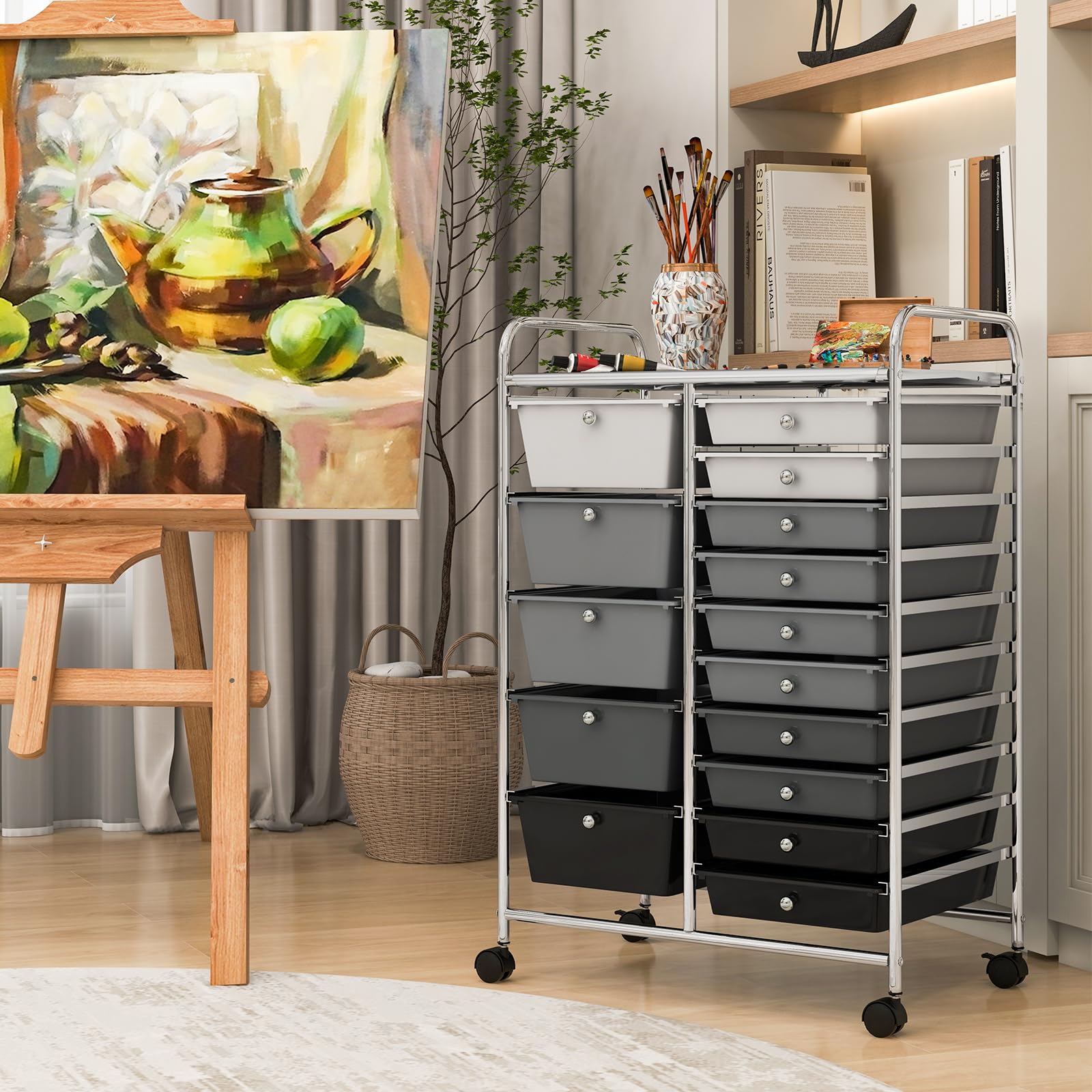 Byroce 15-Drawer Rolling Storage Cart with Wheels - Mobile Organizer for Art Supplies, School Tools, Office Paper & Craft Materials - Multipurpose Classroom & Home Office Storage Solution (Grey) - Perfect for Teachers, Artists & DIY Enthusiasts