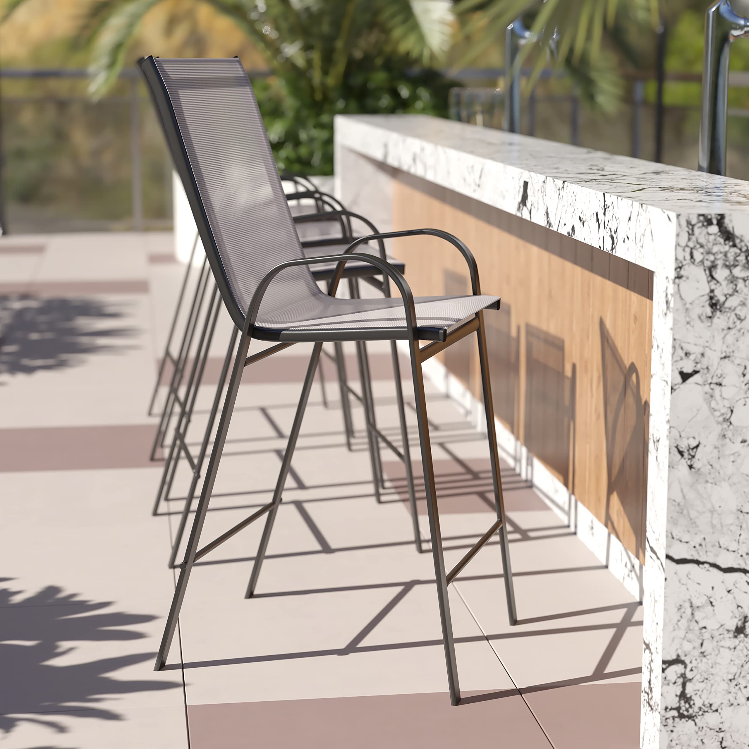 EMMA + OLIVER 4 Pack Gray Outdoor Barstools with Flex Comfort Material - Weatherproof Patio Stools for Backyard, Deck, Poolside & Garden Use
