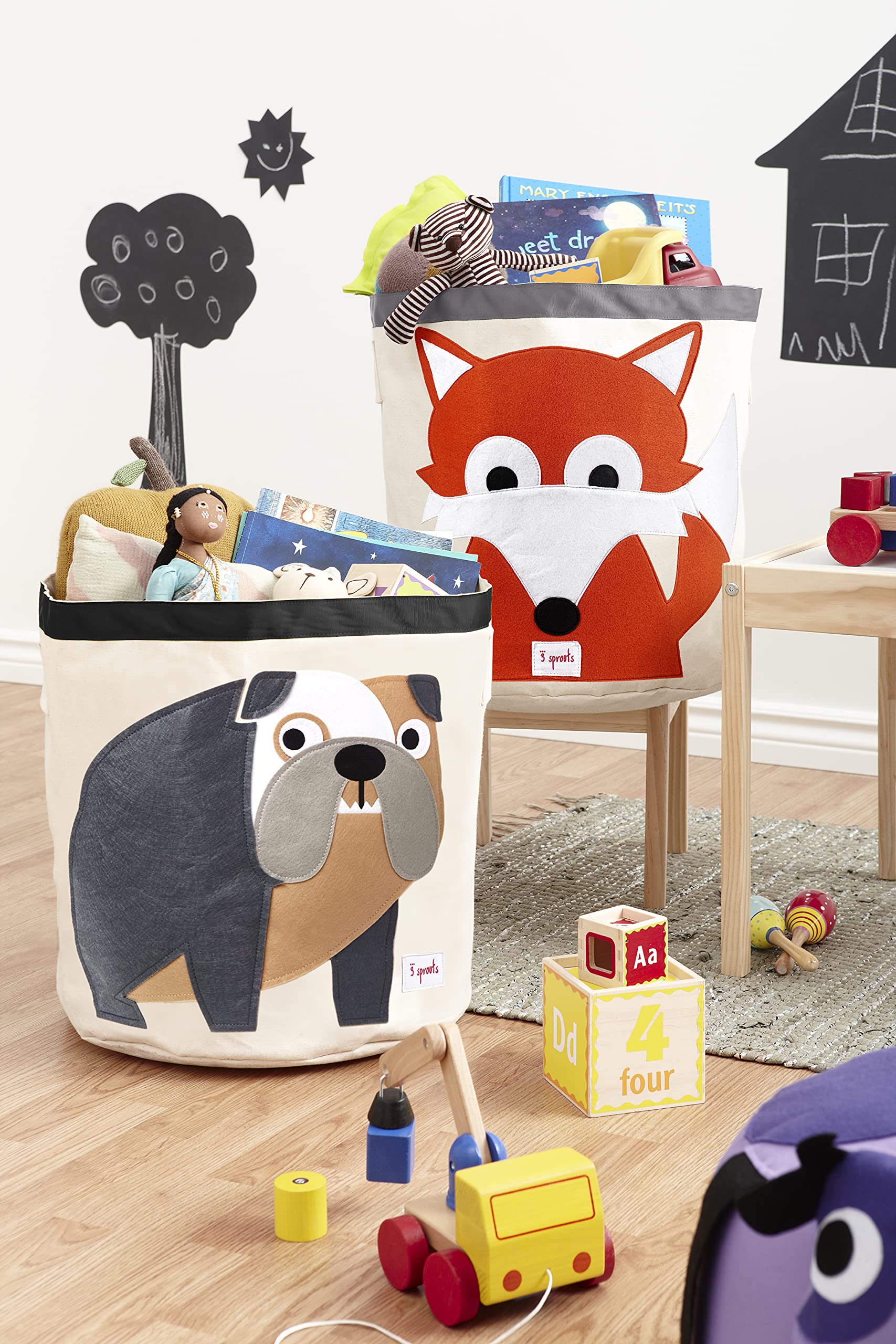 3 Sprouts Large Toy Storage Basket - Durable Kids & Baby Toy Organizer with Handles | Round Laundry Hamper for Nursery & Playroom | Bulldog Design | Perfect for Toy Organization & Clothes Storage in Kids' Rooms
