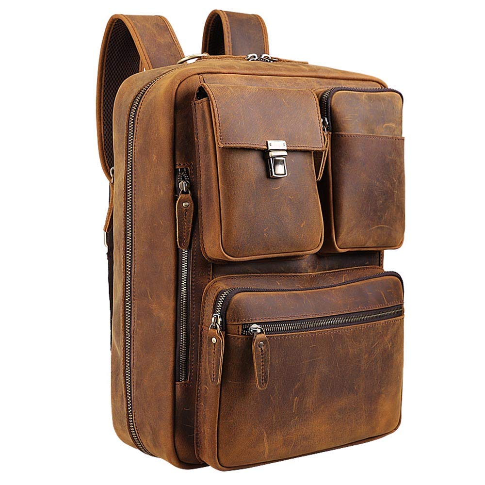 Premium TIDING Men's Leather 15.6 Inch Laptop Backpack - Convertible Business Briefcase & Messenger Bag for Work, Travel & College (Brown)