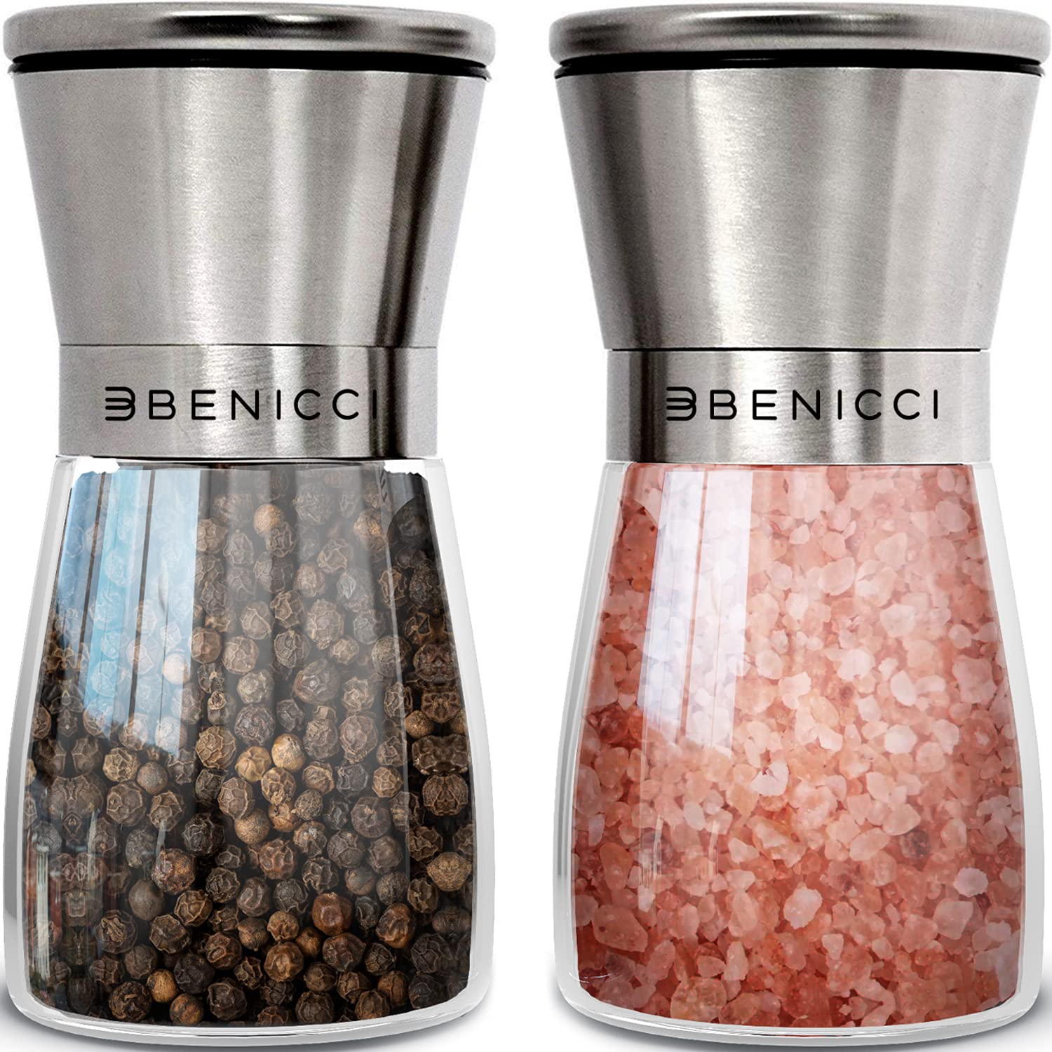 Premium Stainless Steel Salt and Pepper Grinder Set - Adjustable Ceramic Mill for Coarse to Fine Seasoning - Glass Body Spice Shakers with Spoon & Cleaning Brush - Perfect for Kitchen, Dining Table & Gourmet Cooking
