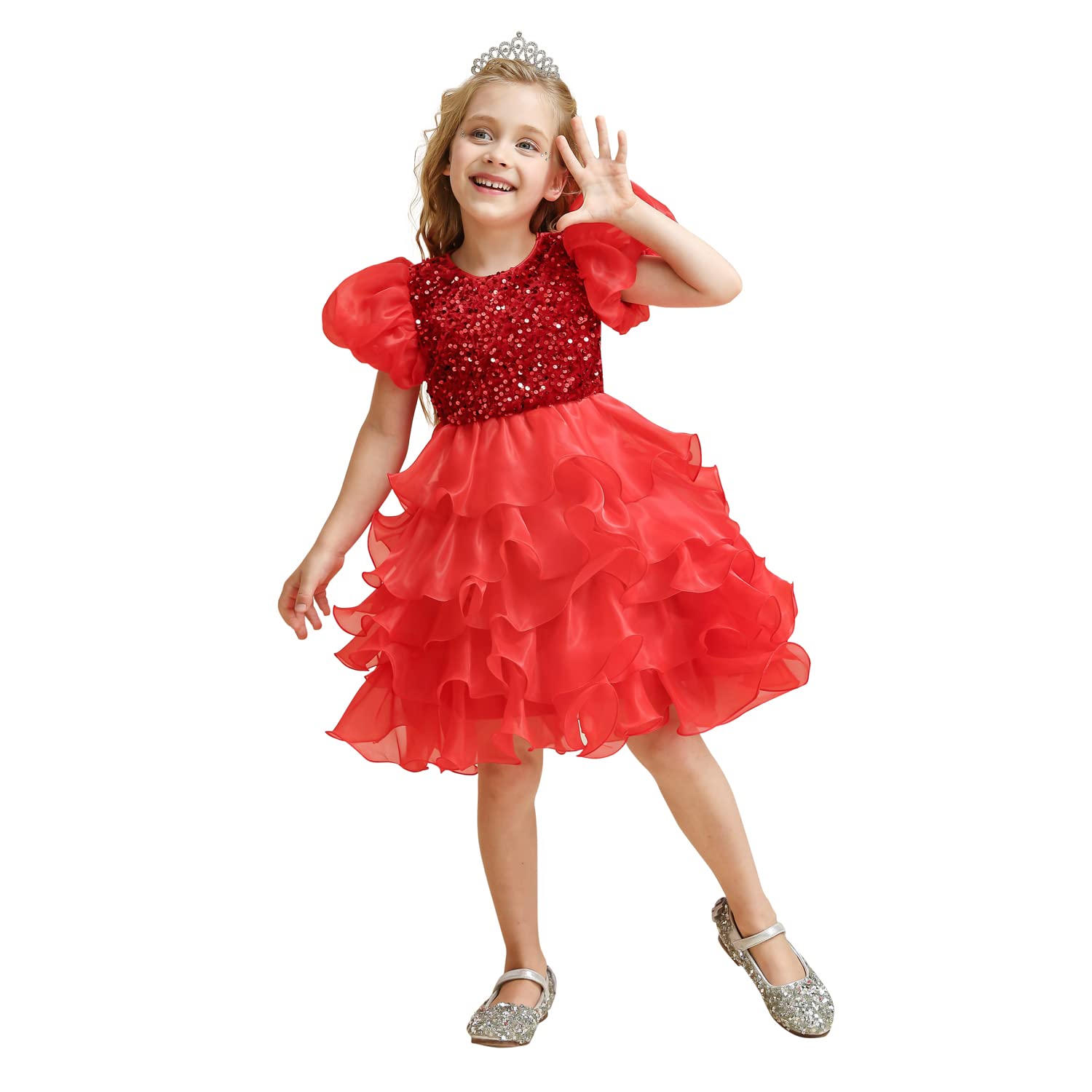 NNJXD Girls' Ruffled Lace Party Dress - Elegant Flower Girl Dress for Weddings, Birthday Parties & Special Occasions
