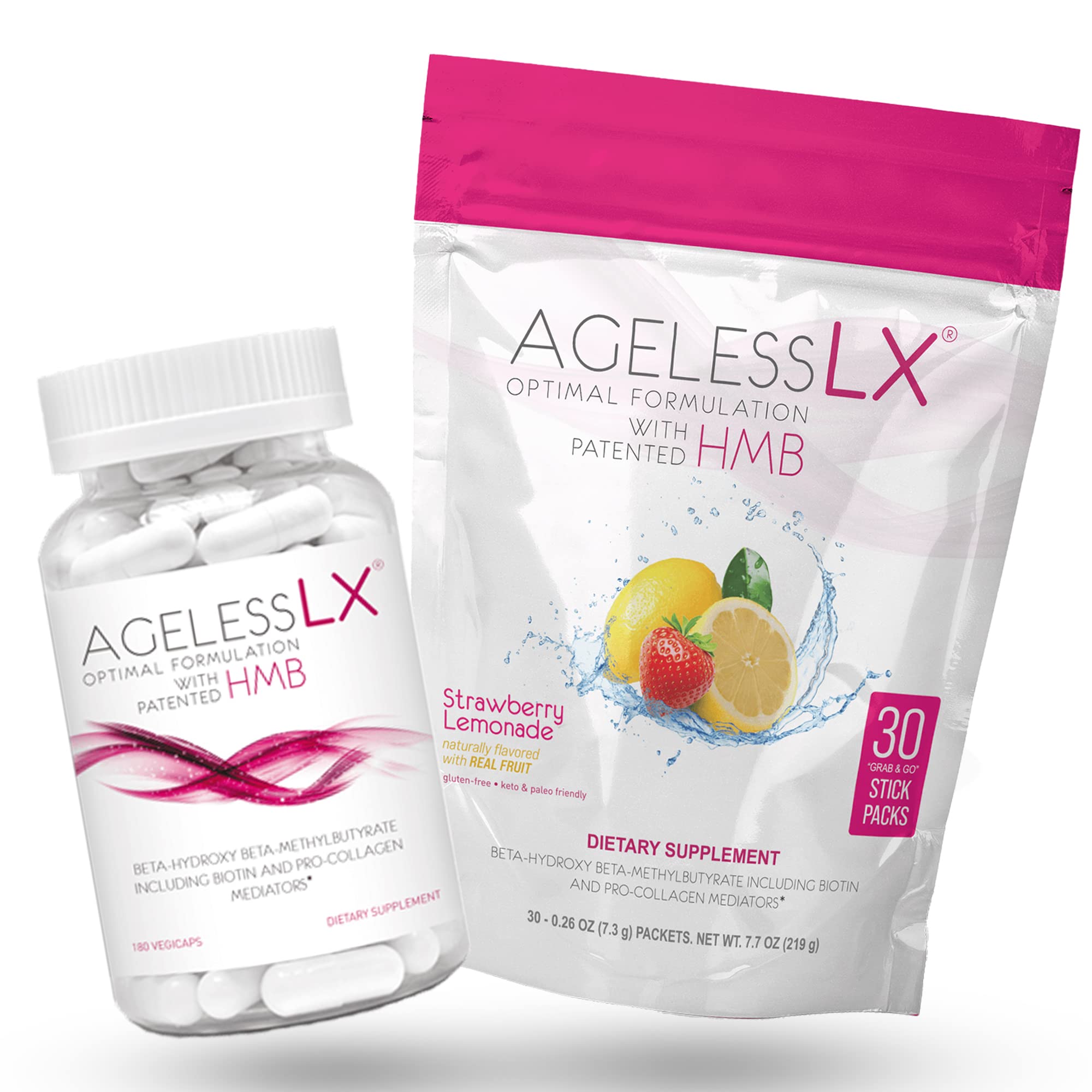 Premium Biotin & HMB Supplement Capsules with Strawberry Lemonade Powder - Anti-Aging Vitamins for Women | Hair, Skin & Nail Support | Daily Beauty & Wellness Routine