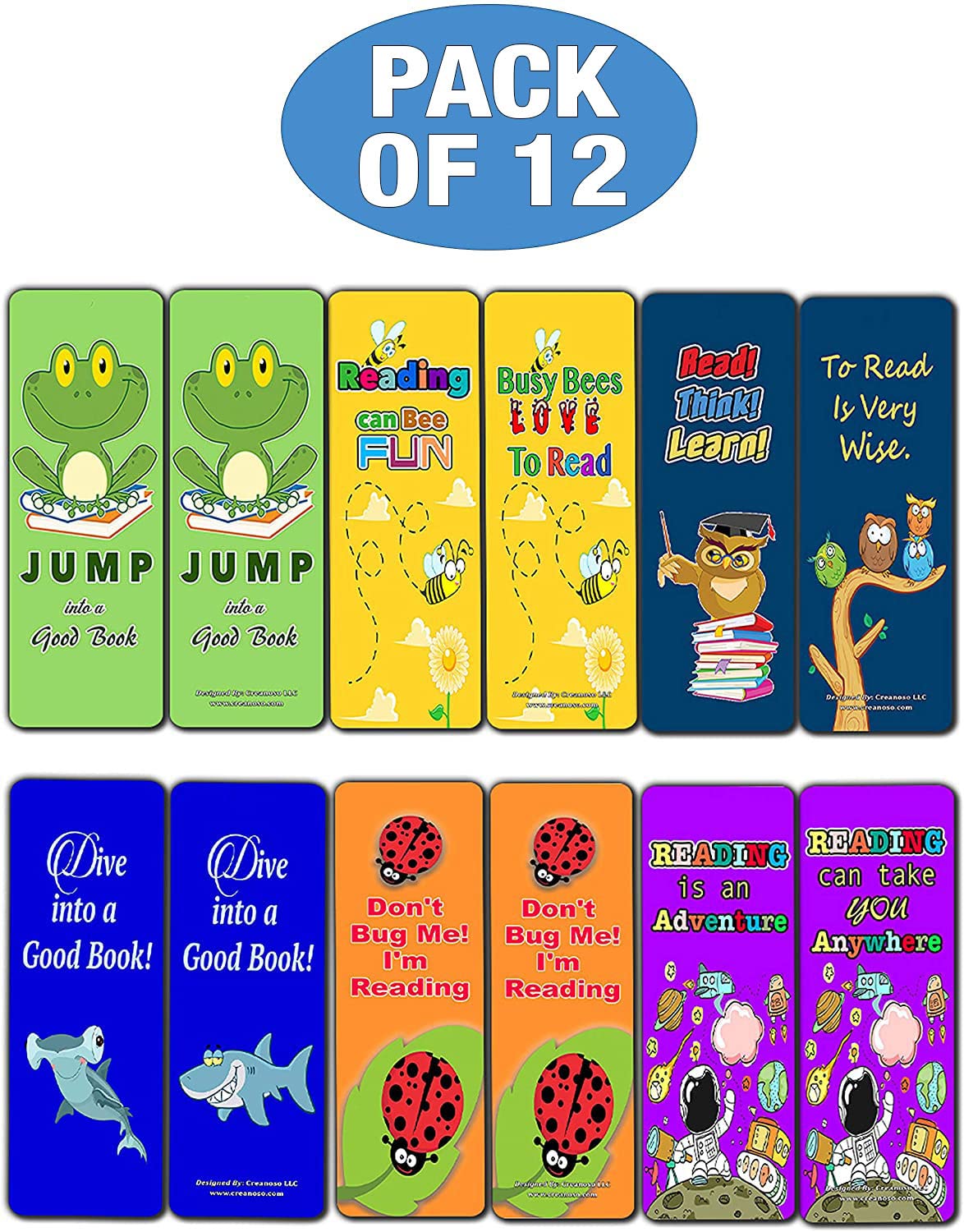 Creanoso 12-Pack Kids Bookmarks Set - Cute Premium Bookmark Gifts for Book Lovers, Men, Women & Teens - Perfect for Reading, Office Supplies & DIY Crafts - Great Stocking Stuffers & Bookworm Gifts