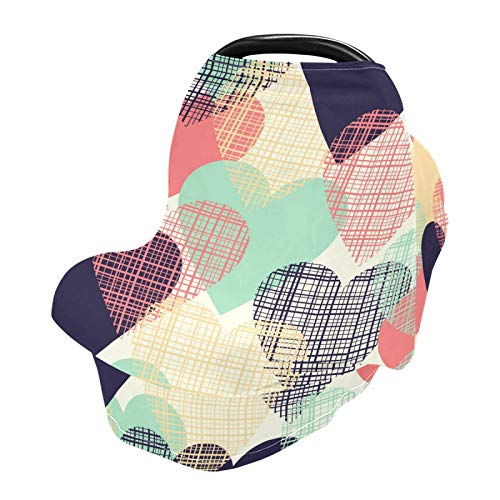 Stretchy Baby Car Seat Cover for Boys & Girls - Heart Lattice Geometric Pattern Infant Car Canopy, Nursing Cover & Breastfeeding Scarf - Perfect for Travel, Shopping & Outdoor Activities