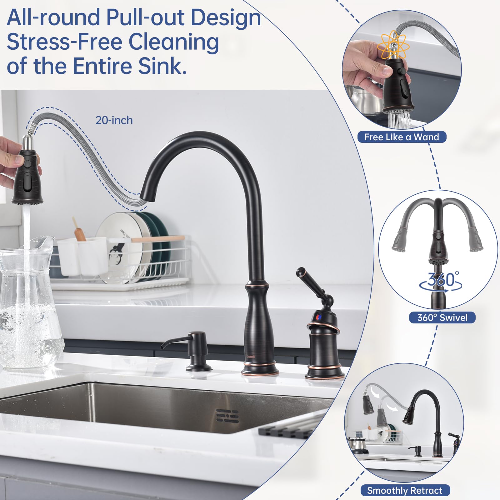 DAYONE 3-Hole Kitchen Sink Faucet with Soap Dispenser & Separate Handle - Oil Rubbed Bronze Pull Down Sprayer, High Arc Single Handle Design (DAY-279ORB) - Perfect for Modern Kitchens & Food Prep Stations