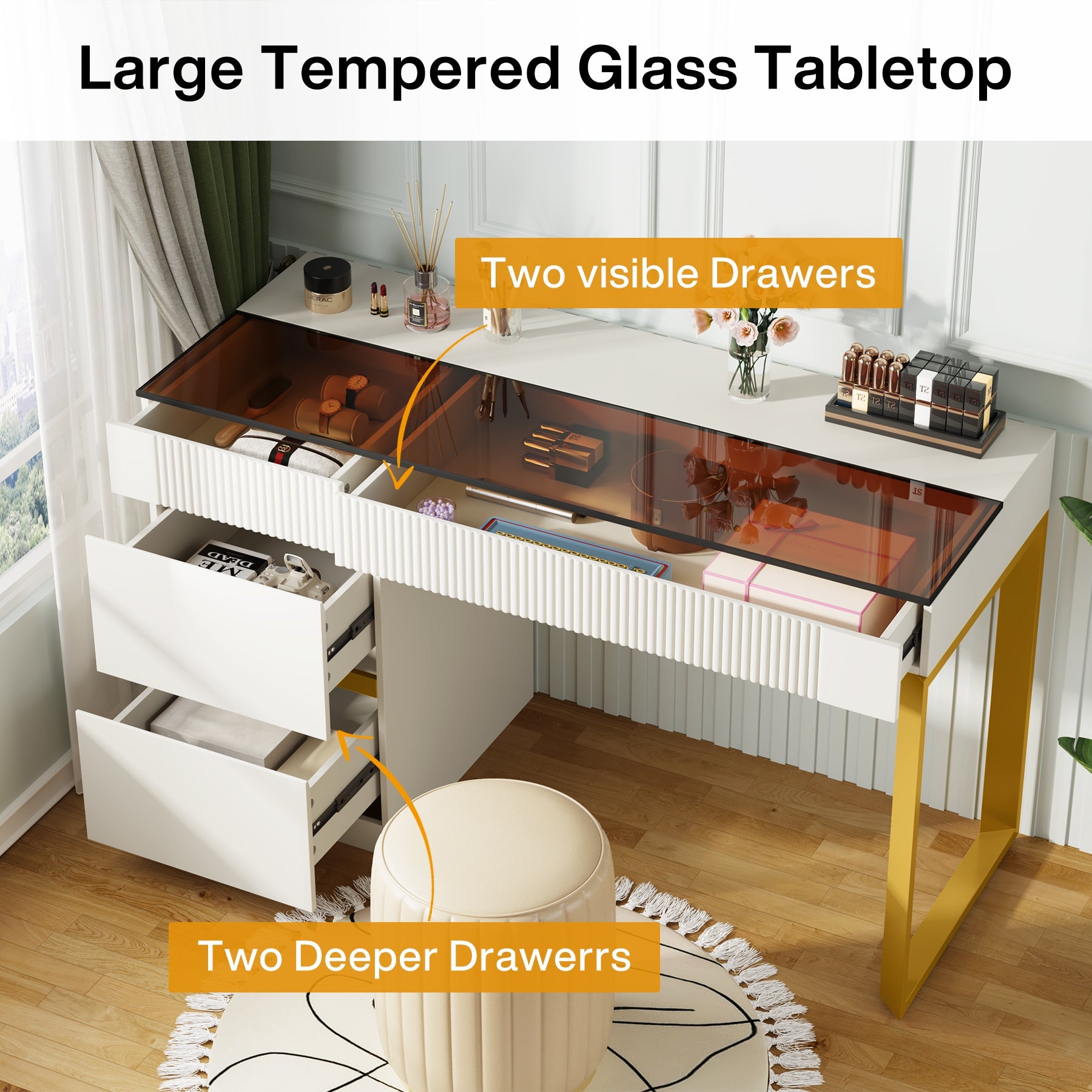 4 Drawer Makeup Vanity with Glass Top - Modern Dressing Table for Bedroom & Bathroom (No Mirror Included) - Perfect for Cosmetics Storage & Beauty Organization