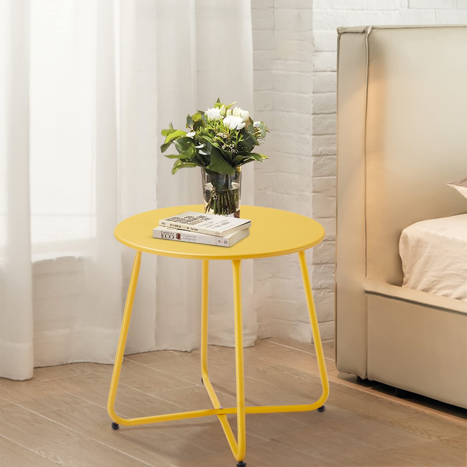 **Waterproof Round Metal Side Table - Small Outdoor & Indoor End Table, Weather Resistant Steel Patio Table for Garden, Balcony, Yard (Yellow) - Perfect for Coffee, Books & Drinks**