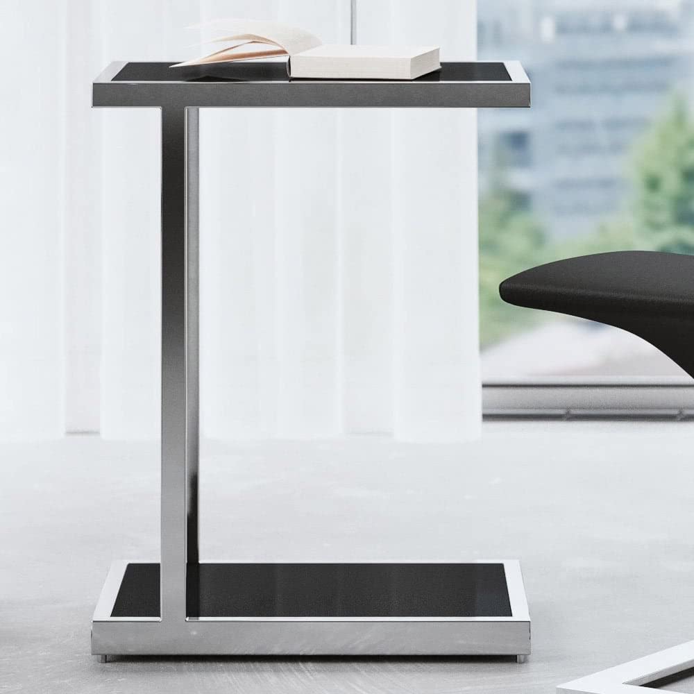 ZURI Modern Luton Side Table - Black Opaque Glass Top with Polished Stainless Steel Base - Nightstand, Living Room End Table, Bedside Accent Table for Home Decor