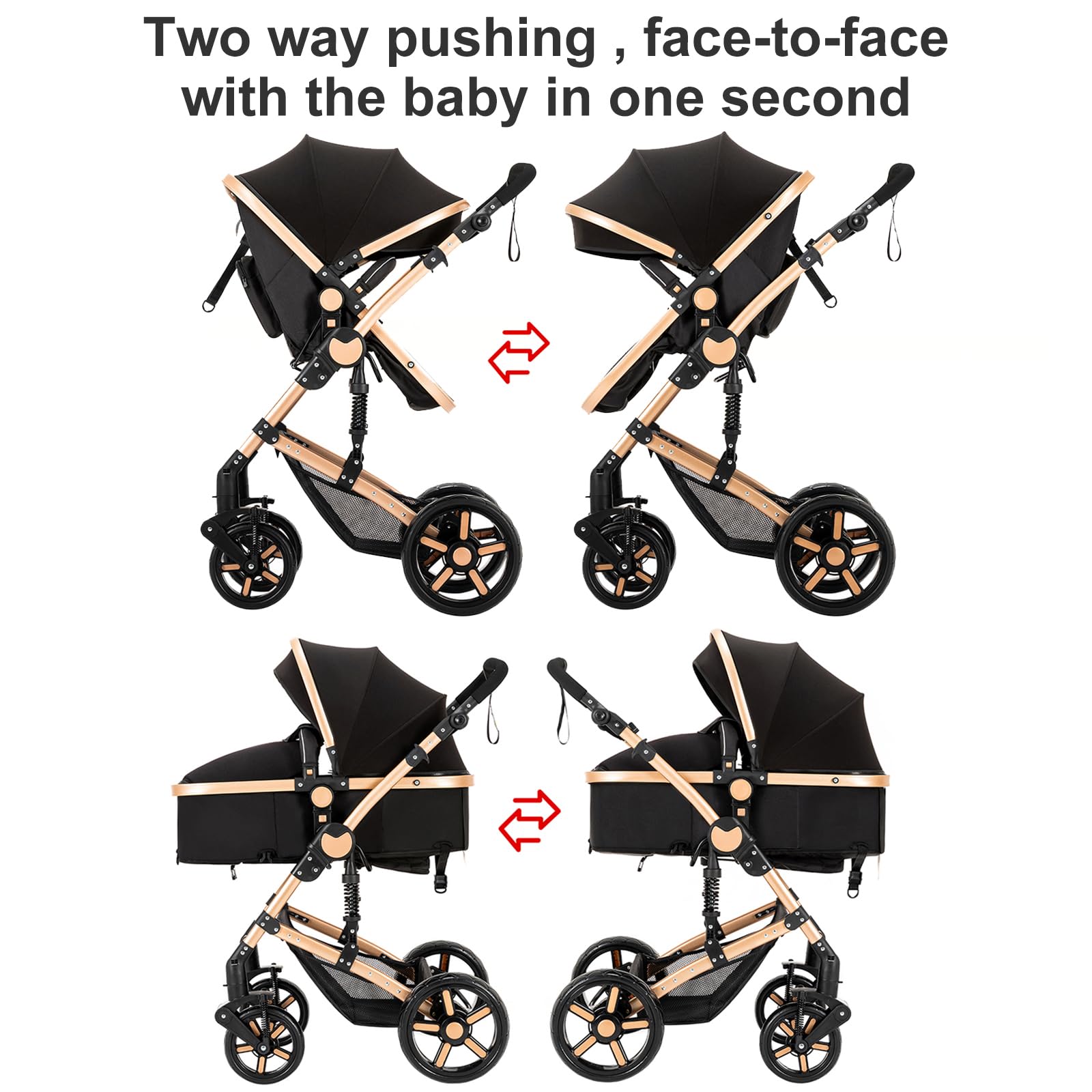 3 in 1 Baby Travel System - Reversible Luxury Stroller & Foldable Pram for Newborn to Toddler | UD588-BLACKGOLD with Base | Perfect for Shopping, Travel & Daily Walks