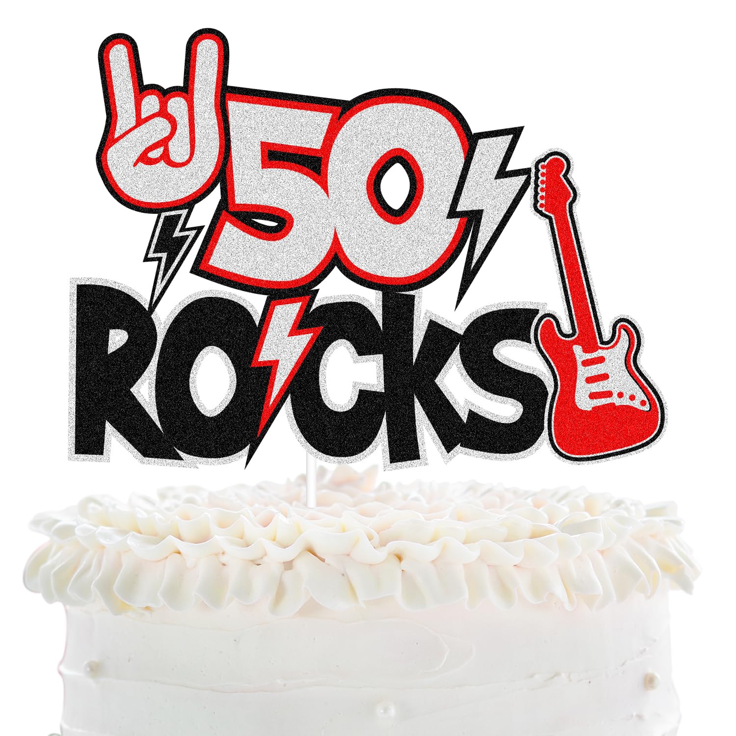 50th Birthday Cake Topper - Black Glitter Guitar Decor for 50 Years Anniversary Party | Cheers to 50 Rocks Celebration | Perfect for Men & Women Birthday Decorations | Ideal for Milestone Birthdays, Retirement Parties & Golden Anniversary Celebrations