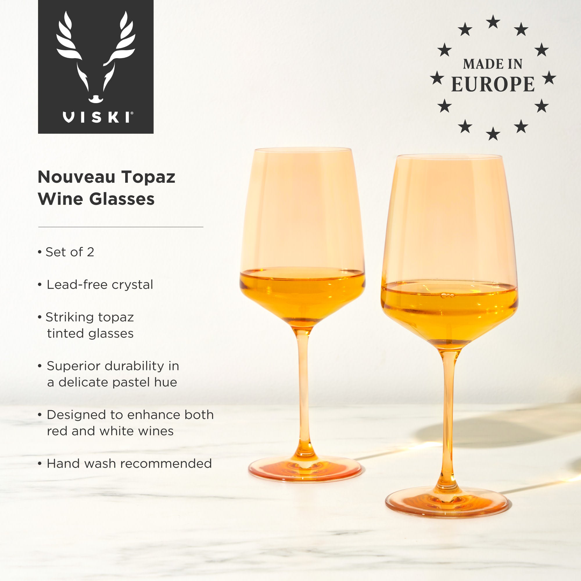 Premium Topaz Crystal Wine Glasses Set of 2 - Elegant Stemware for Red & White Wine, Champagne - Perfect for Dinner Parties, Weddings & Special Occasions