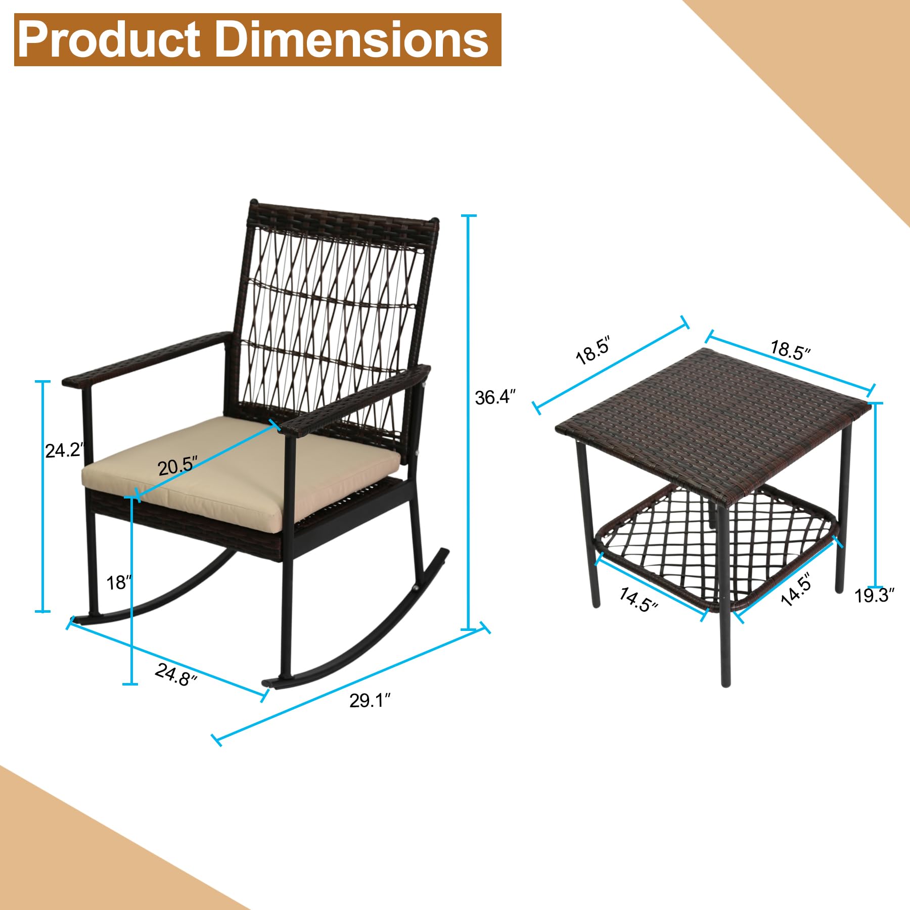 3-Piece Patio Conversation Set with 2 Rocking Chairs - Brown Wicker Rattan Outdoor Furniture with Coffee Table & Beige Cushions for Porch, Garden, Backyard, Lawn - Perfect for Relaxing, Entertaining & Outdoor Gatherings