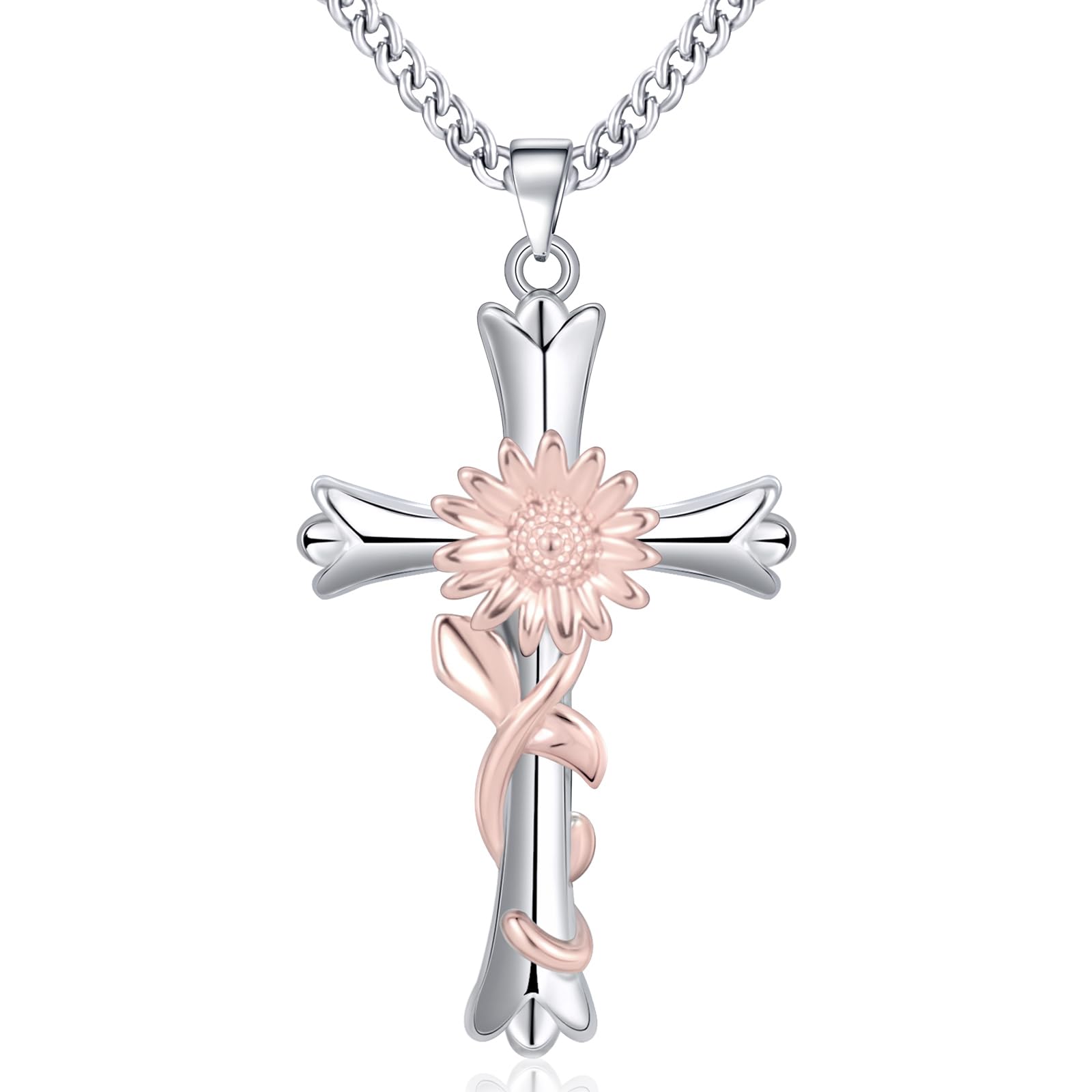 ACECHA Silver Faith Cross Necklace for Women - Birthstone & Flower Pendant Jewelry Gift for Wife, Teen Girls | Perfect for Birthday, Anniversary & Religious Occasions
