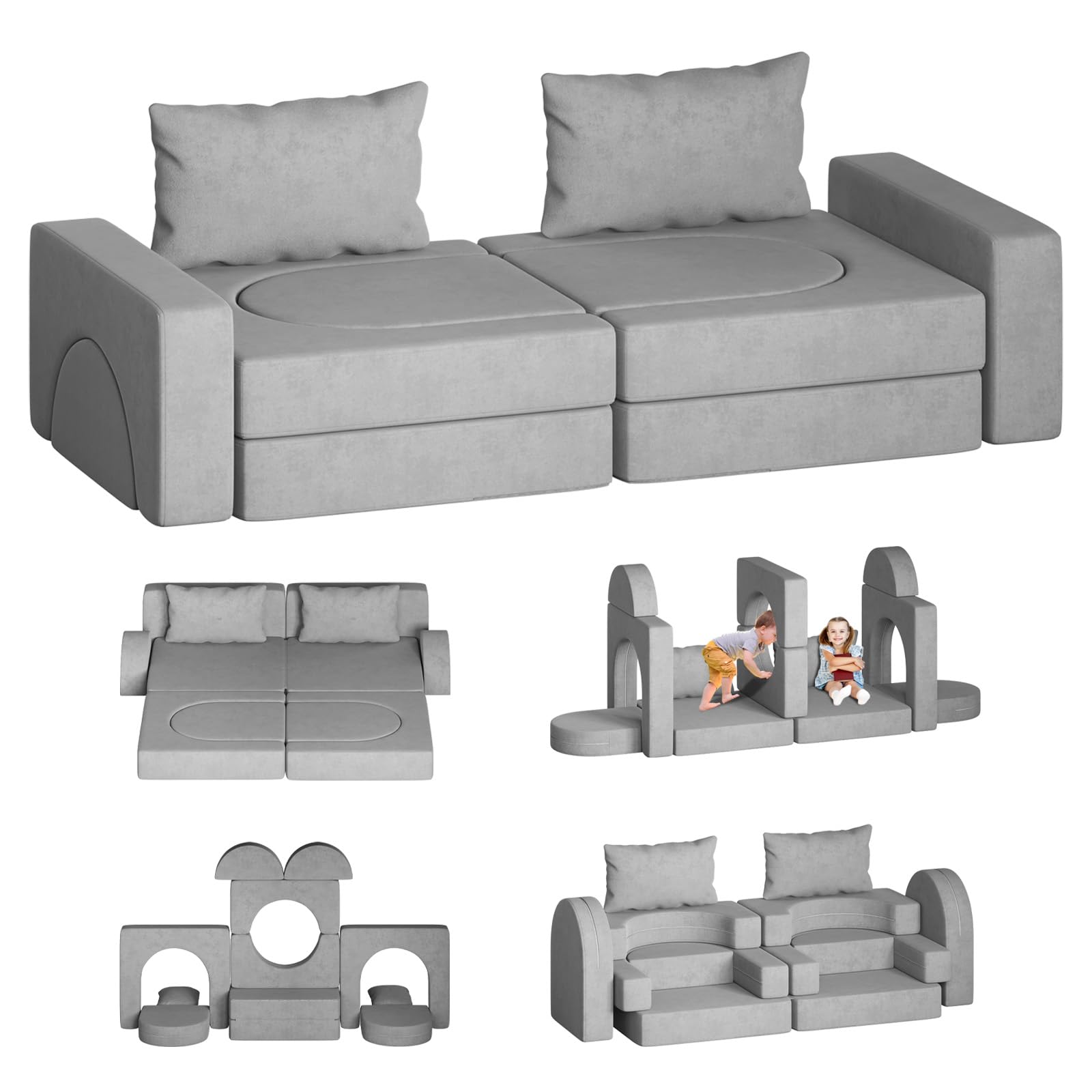 Linor Toddler Couch - 12-Piece Kids Sofa Set with 2 Pillows & Play Tunnel | Foldable Foam Couch for Playroom, Bedroom & Nursery | Creative Play Furniture for Toddlers & Babies (Grey) - Perfect for Pretend Play, Reading Nook & Cozy Relaxation
