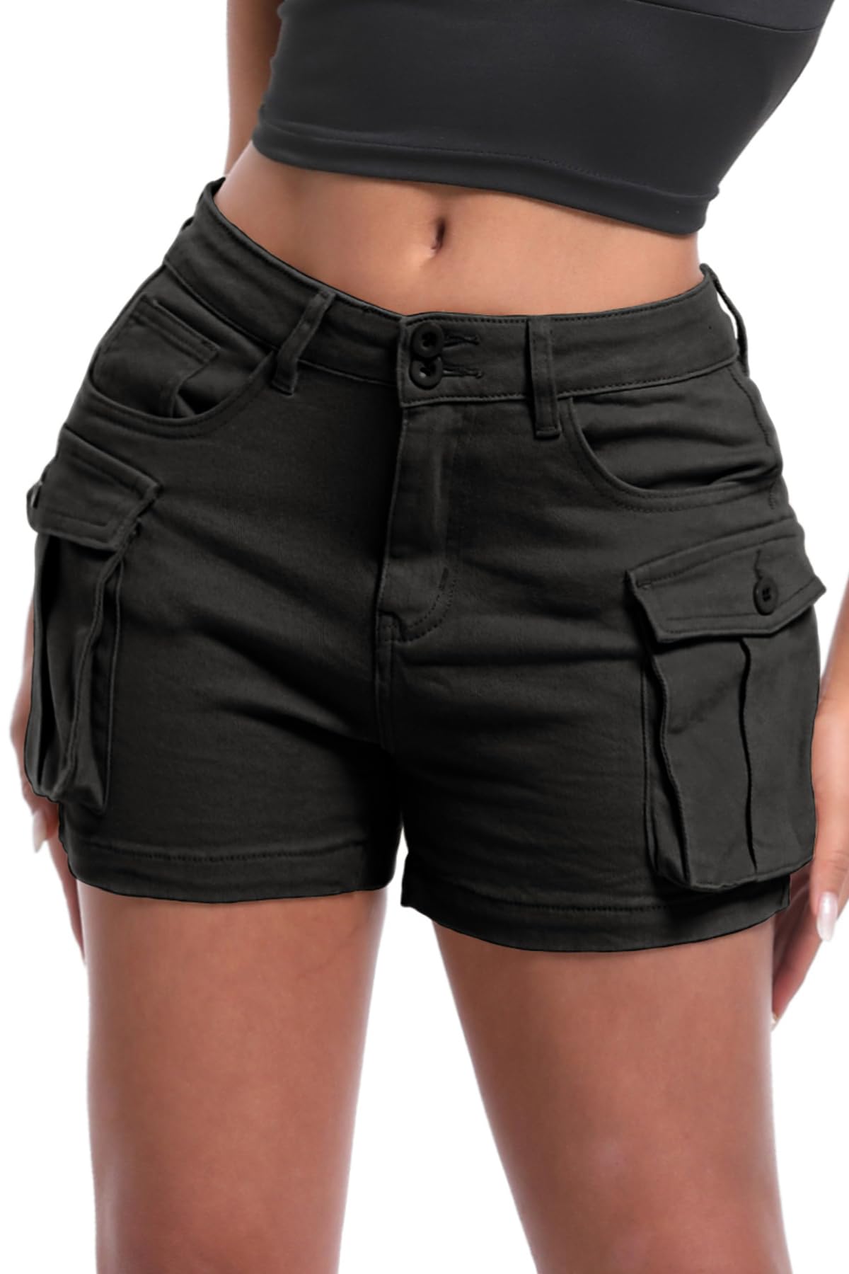 ELLEVEN Women's High-Stretch Cargo Shorts - Y2K Mini Denim Shorts with Pockets | High Waisted Slim-Fit Jean Shorts for Women | Perfect for Summer, Casual Outfits & Streetwear Fashion