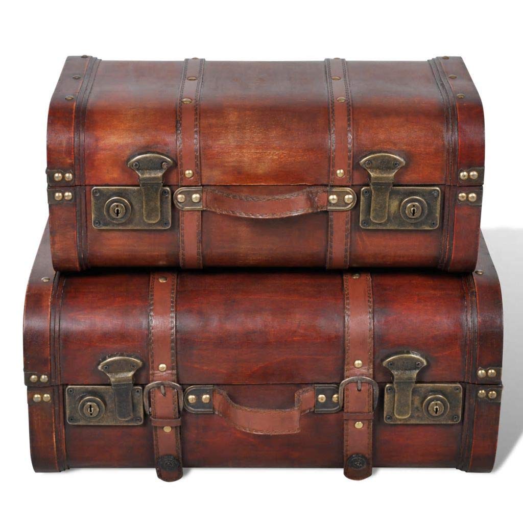 Antique Wooden Pirate Treasure Chest with Iron Lock & Leather Straps - Vintage Storage Trunk for Home Decor, Jewelry Organizer, or Costume Prop (2-Pack)