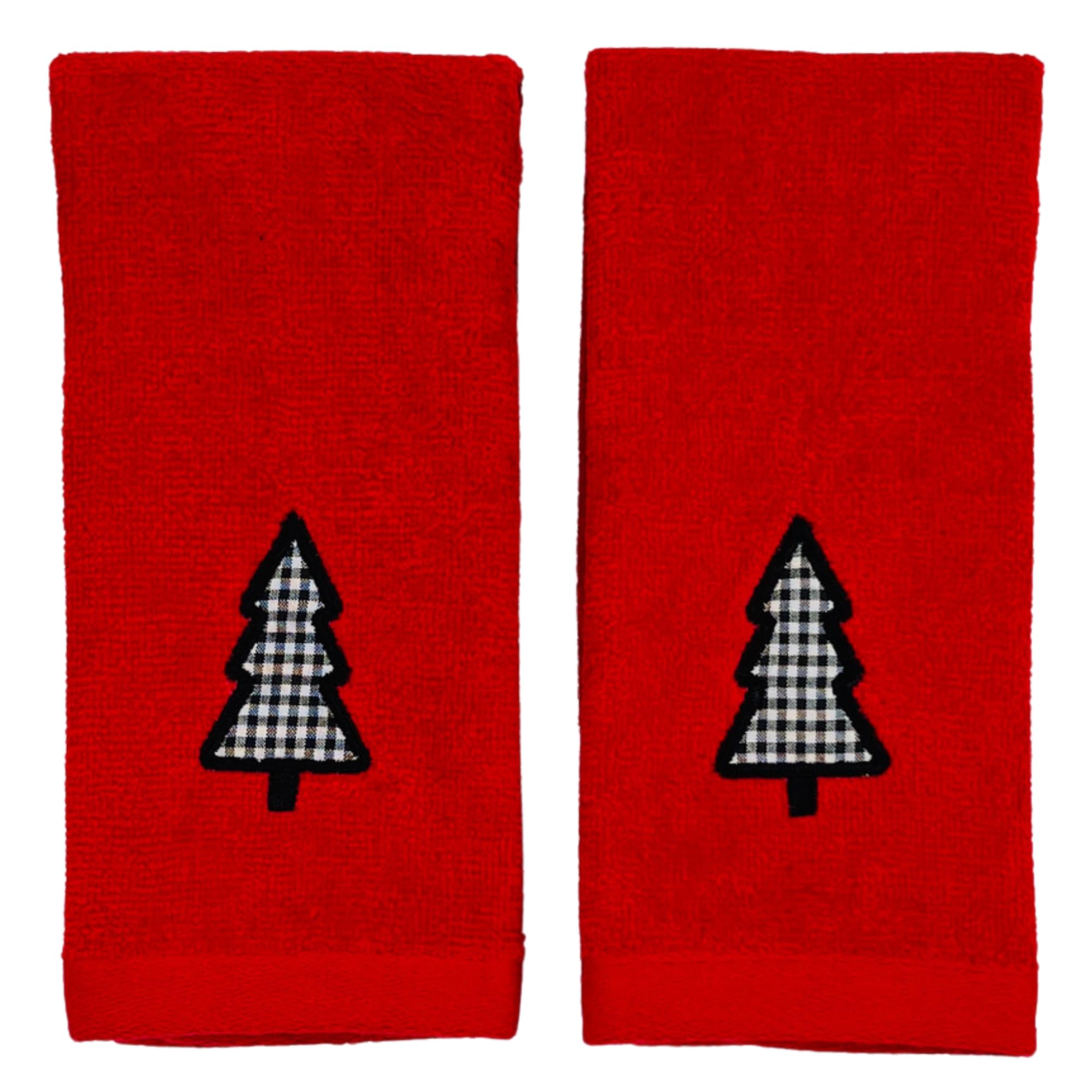 Luxury Christmas Red Towel Set - Embroidered Check Tree Bathroom Fingertip Towels (Set of 2) | Holiday Home Decor & Festive Gift Idea