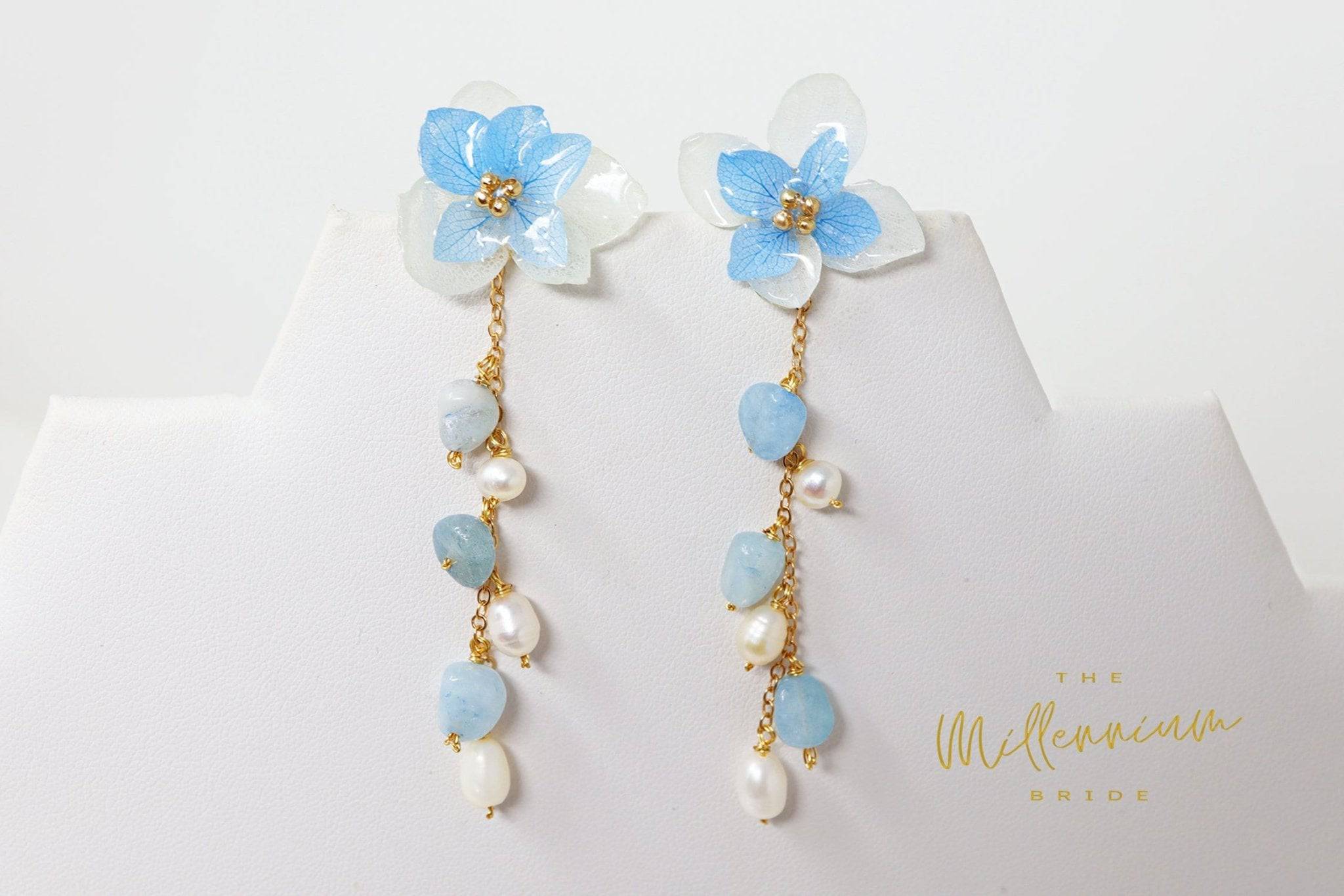Genuine Blue White Freshwater Pearl Earrings – Elegant Long Bridal Jewelry with CZ Stones | Perfect for Weddings, Prom & Special Occasions