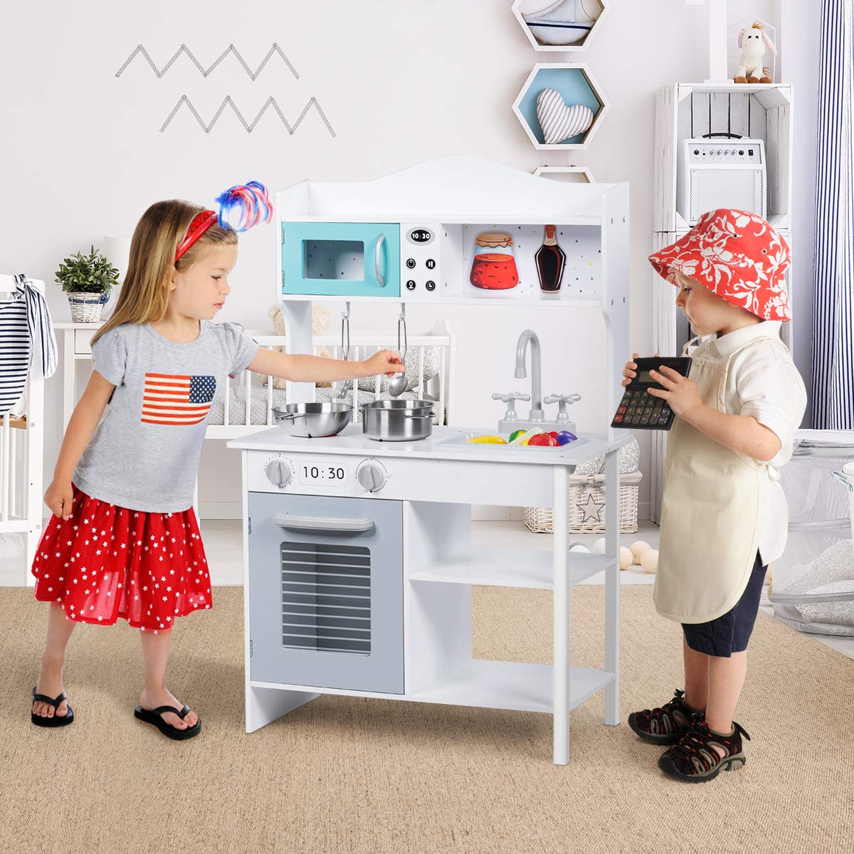 Costzon Wooden Play Kitchen Set for Kids - Pretend Play Cooking Toy with Sink, Oven, Microwave & Stove - Includes Pots, Utensils, Shelf & Cabinets - Great Gift for Toddlers Boys & Girls (Modern Style) - Perfect for Home Playroom, Preschool Learning & Birthday Gifts