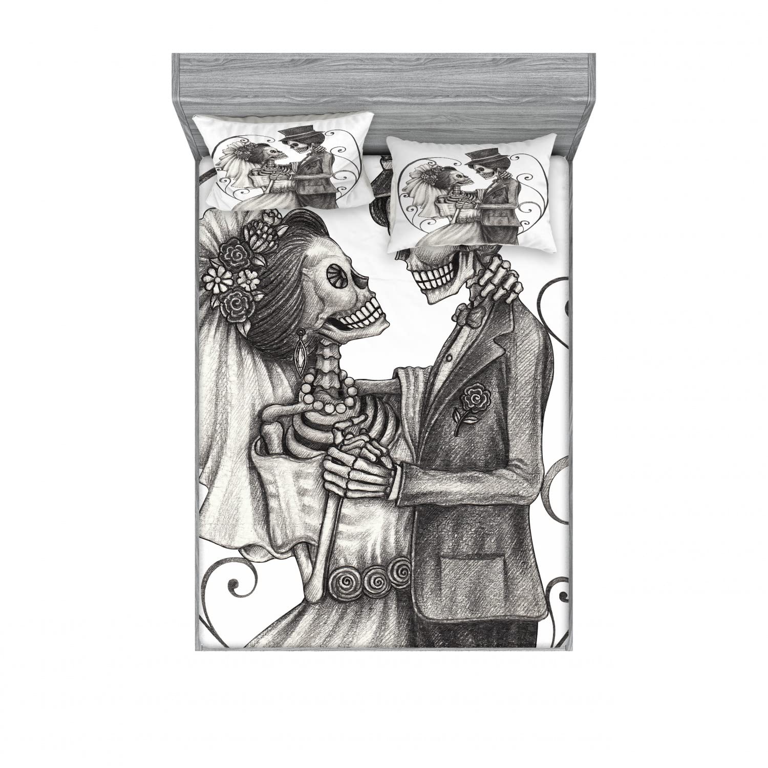 Ambesonne Romance 2-Piece Queen Size Bedding Set - Skeleton Marriage Themed Fitted Sheet & Pillow Sham (4pc) in Dimgrey & White | Gothic Home Decor for Couples Bedroom, Halloween Party & Unique Gift Idea