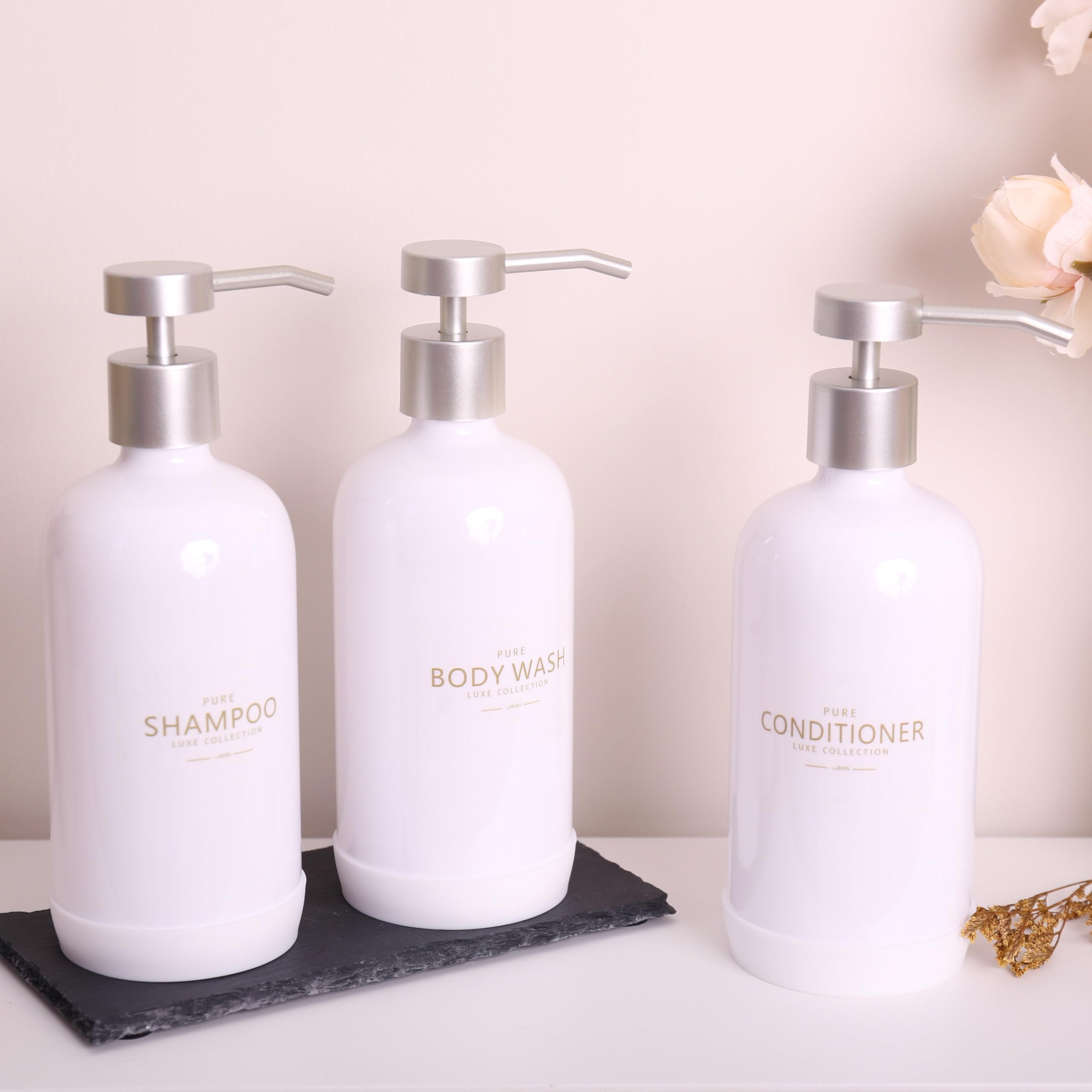 Janxin Refillable Shampoo and Conditioner Dispenser Set - 600ml Shower Bottles with Waterproof Labels (White Bottles + Silver Pumps) for Bathroom Organization & Spa-Like Shower Experience