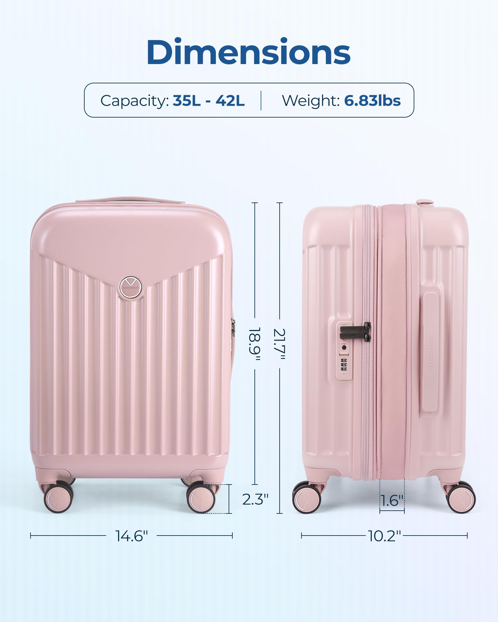 BAGSMART 20 Inch Hardside Expandable Spinner Luggage - Lightweight PC Carry-On Suitcase with TSA Lock, Airline Approved for Women Travel (Pink) - Perfect for Business Trips, Weekend Getaways & Air Travel