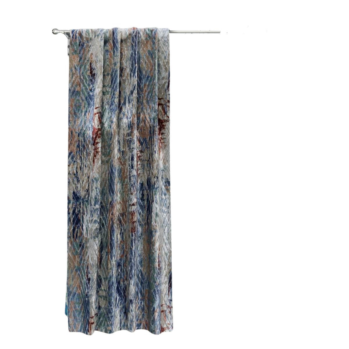 Stylish Ivory and Blue Printed Velvet Geometric Curtain Panels - Modern Window Treatments for Living Room, Bedroom & Home Decor