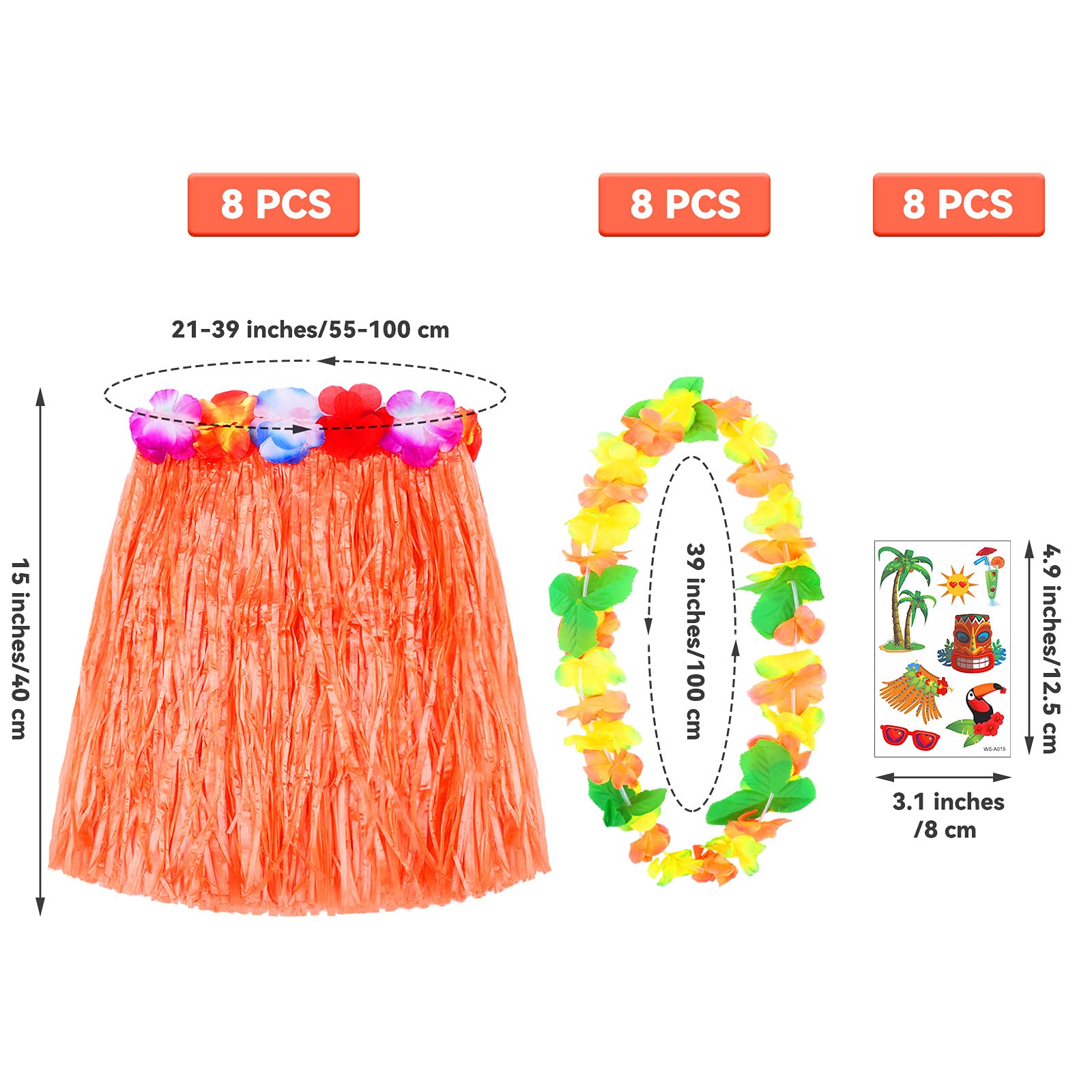 Elcoho 24-Piece Hawaiian Party Set - 8 Tropical Leis, 8 Grass Skirts, 8 Necklaces & 8 Luau Tattoos - Perfect for Hawaiian Themed Parties, Luau Decorations & Summer Beach Events