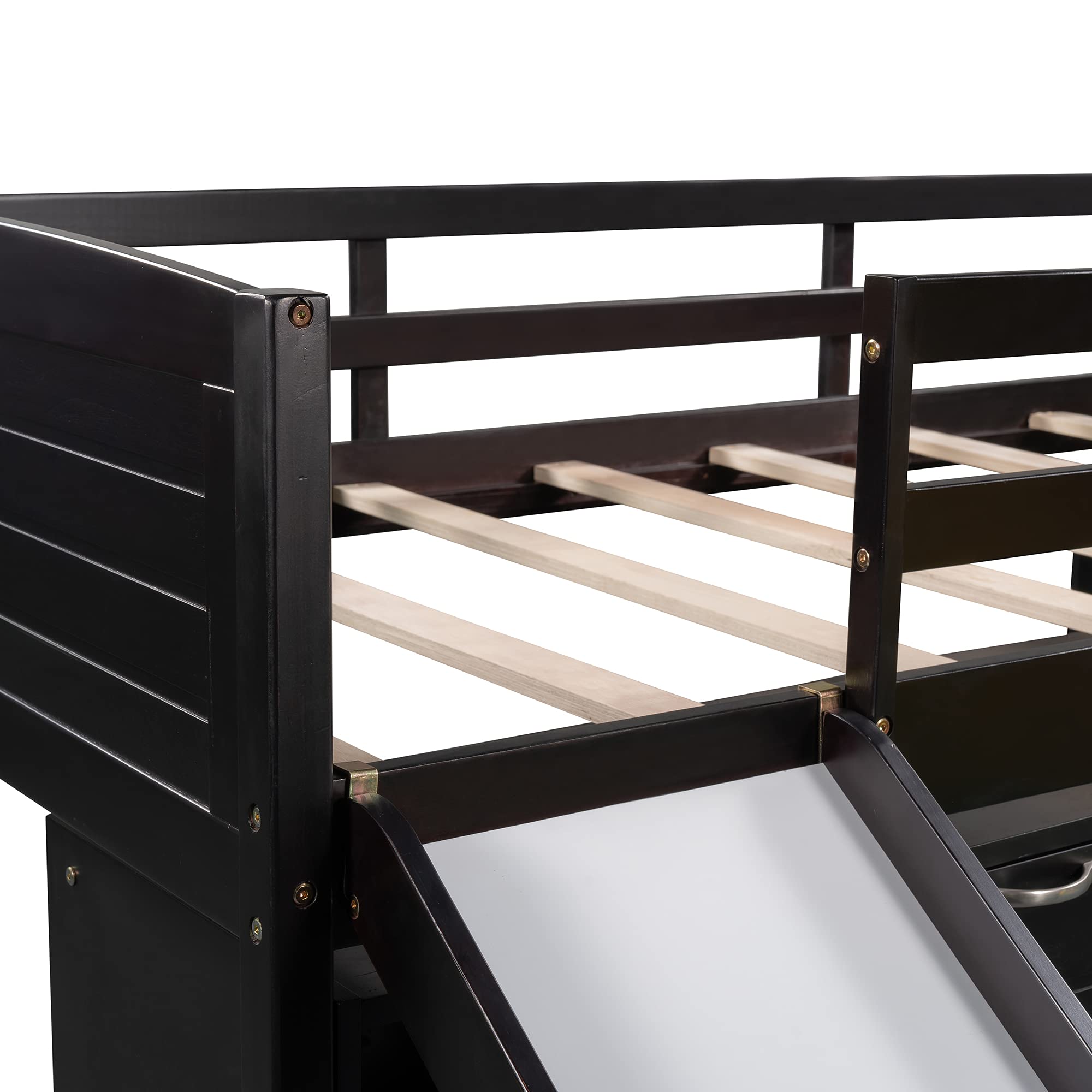 Harper & Bright Designs Solid Wood Low Twin Size Loft Bed with Slide, Drawers & Cabinet - Kids Bed Frame with Bookshelf for Bedroom, Living Room | Perfect for Small Spaces, Sleepovers & Play Areas