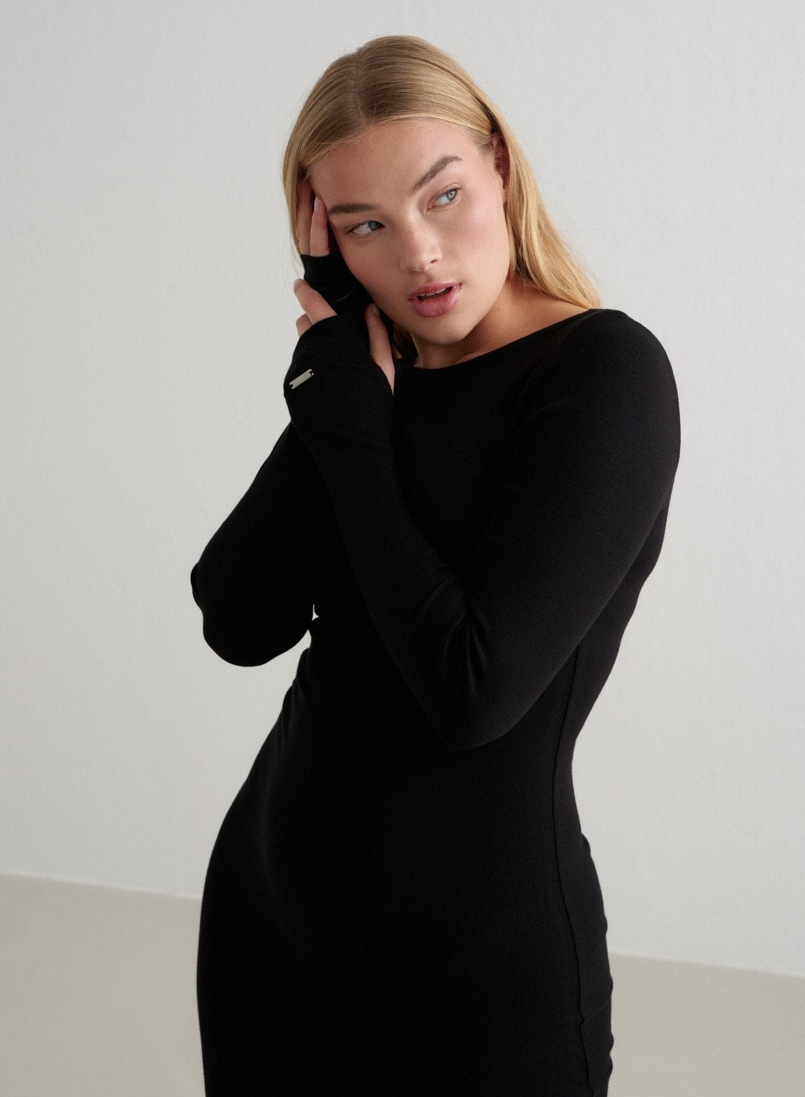 Black Ease Ribbed Long Sleeve Dress for Women - Comfortable Stretchy Bodycon Midi Dress - Perfect for Work, Date Night & Casual Outfits