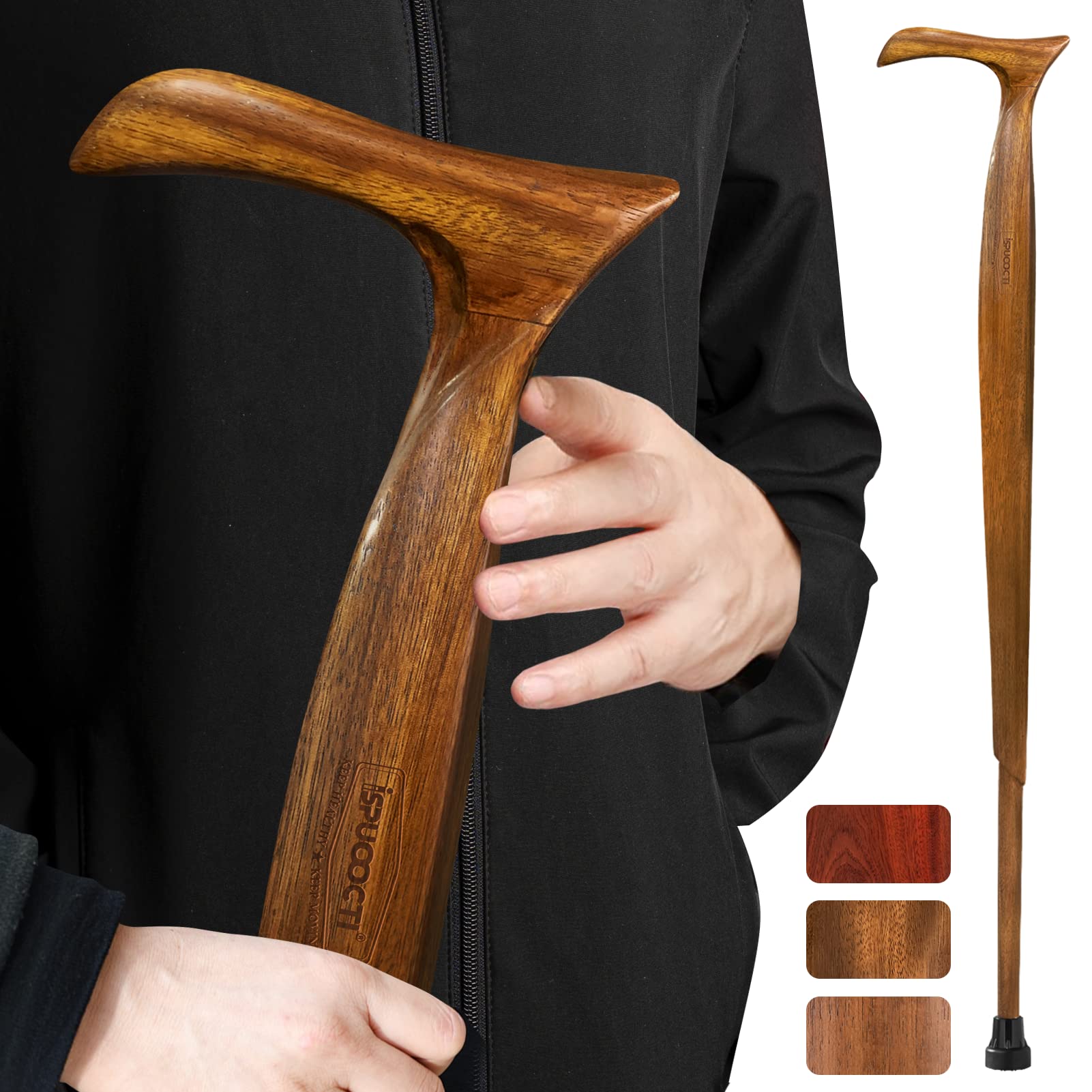 Premium Wooden Walking Cane for Men & Women - Natural Solid Wood Cane with 3 Rubber Tips | Heavy Duty Walking Stick for Seniors | Ergonomic Design with Travel Bag | Perfect for Hiking, Travel & Daily Support