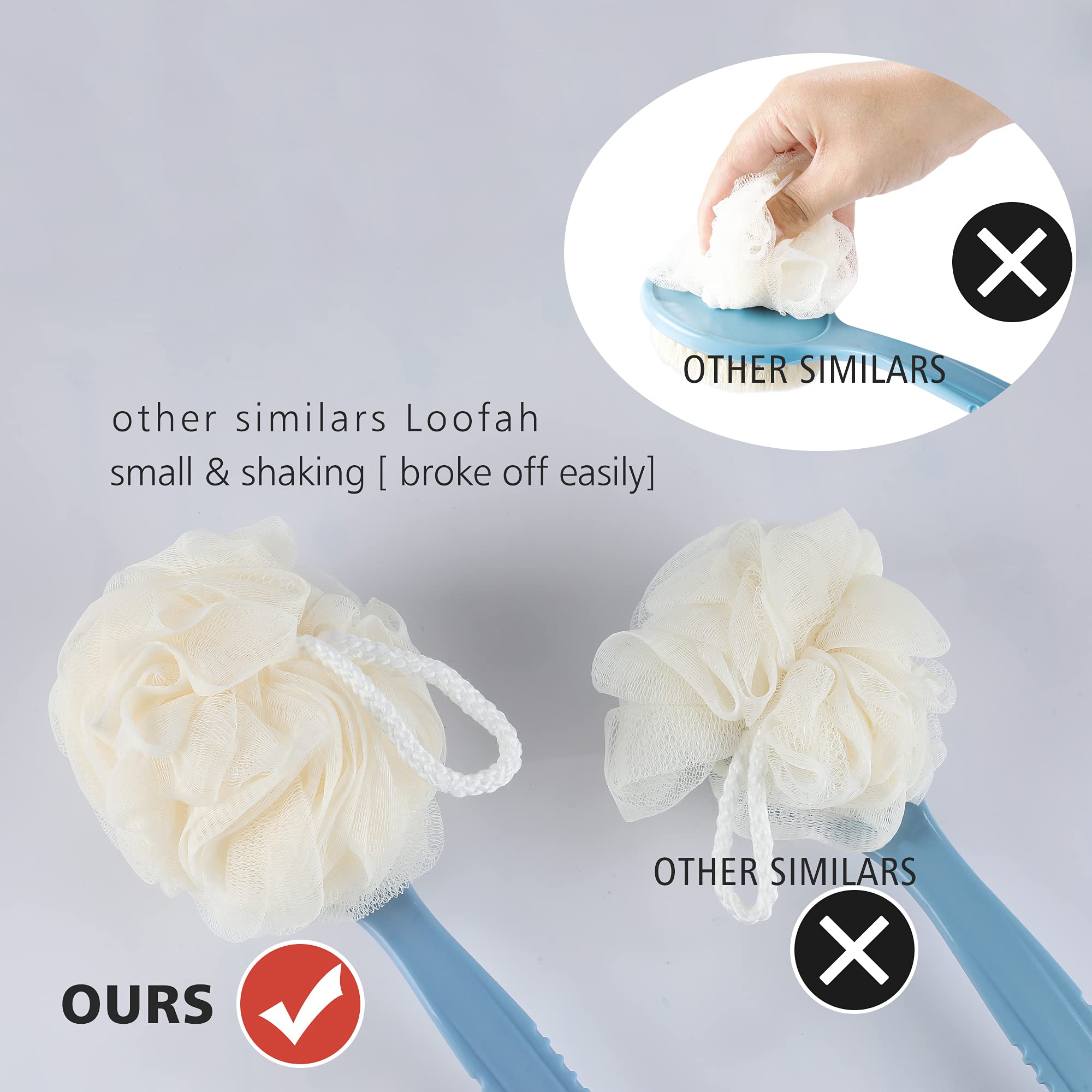 Exfoliating Shower Body Brush with Bristles & Loofah - Long Handle Back Scrubber Bath Sponge for Men & Women - Skin Massage Brush for Wet/Dry Use - Perfect for Deep Cleansing & Dead Skin Removal (Grey) - Ideal for Spa Days, Exfoliation Routines & Improving Skin Circulation