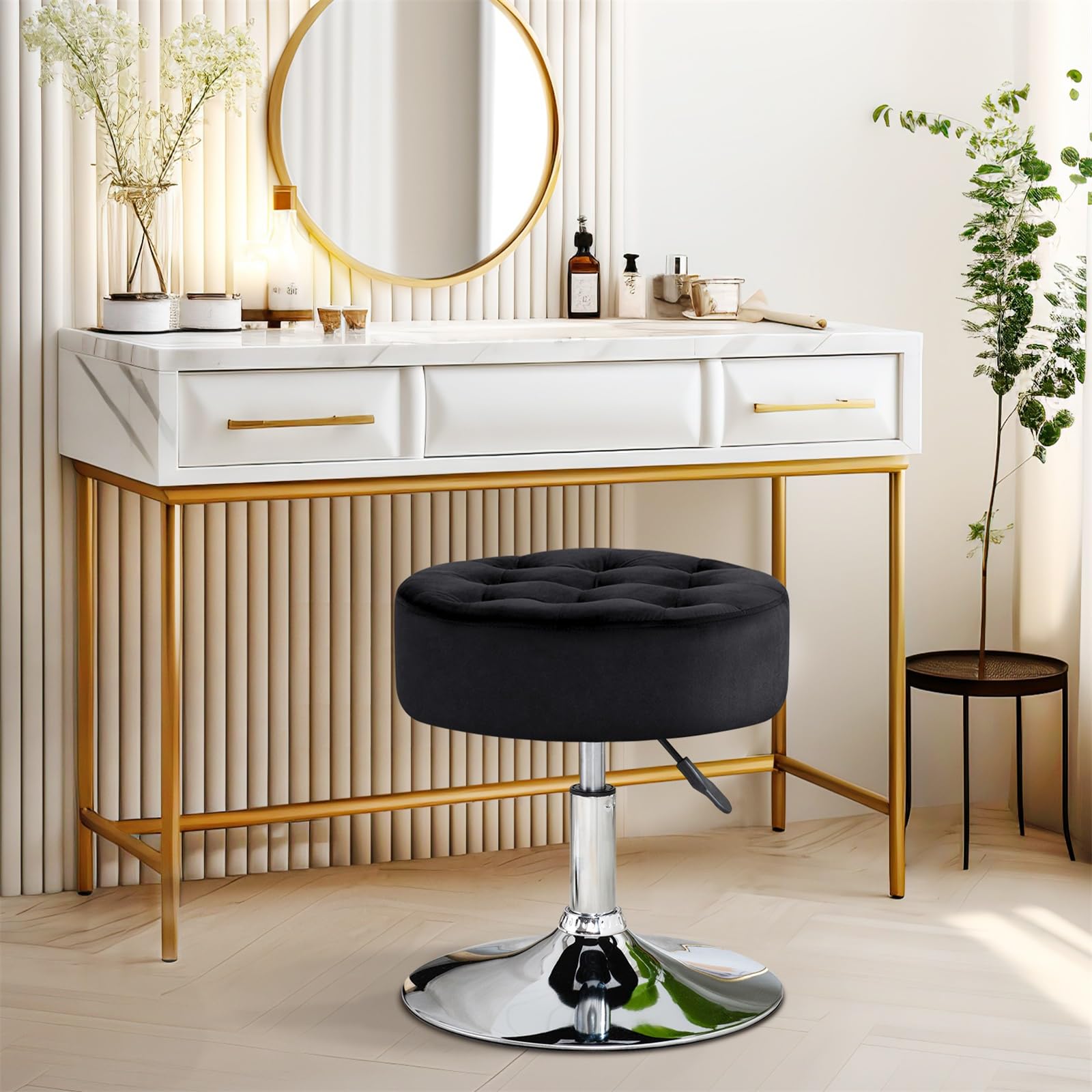Modern Velvet Vanity Stool - Round Ottoman for Bedroom & Living Room
