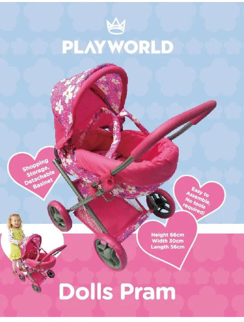 PLAYWORLD Medium Doll Pram Stroller for Kids - Pink Baby Doll Carriage with Canopy | Perfect for Pretend Play, Role-Playing & Outdoor Walks