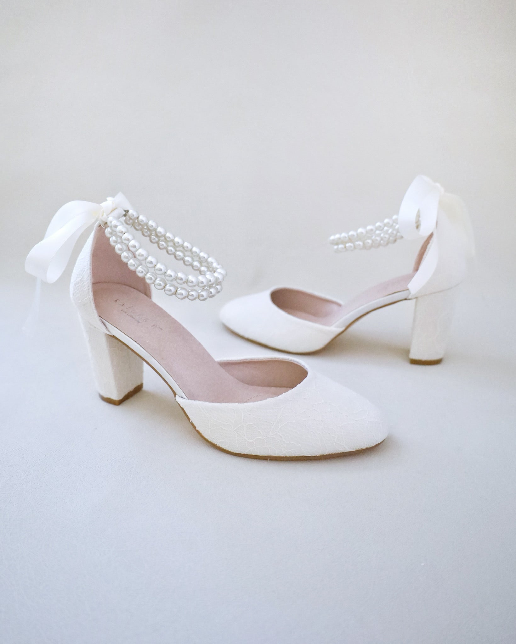 Elegant Lace Block Heel Sandals with Double Pearl Ankle Strap - Perfect for Weddings, Parties & Evening Events