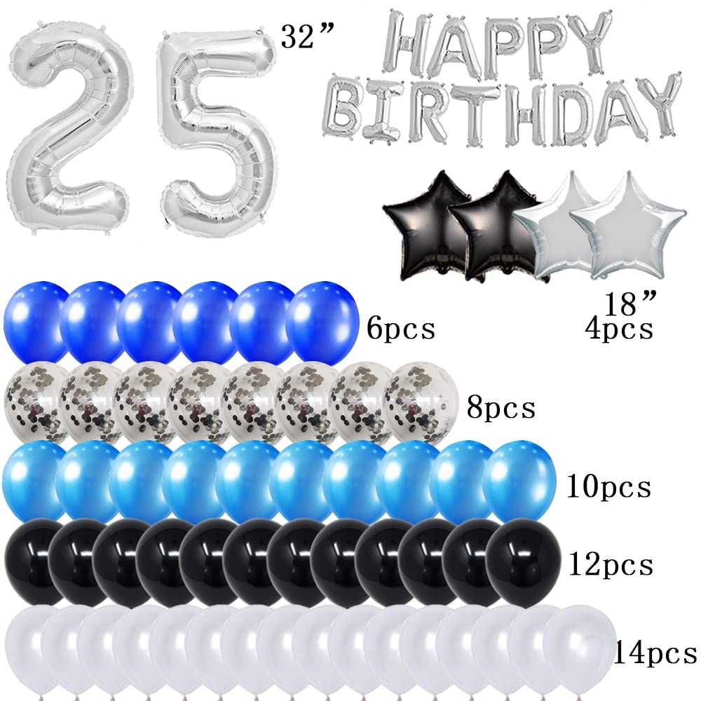 25th Birthday Party Decorations Set - Happy Birthday Foil Banner, Number 25 & Star Balloons, 47pcs Silver & Blue Latex Balloons for Anniversary Celebration, Milestone Party Decor