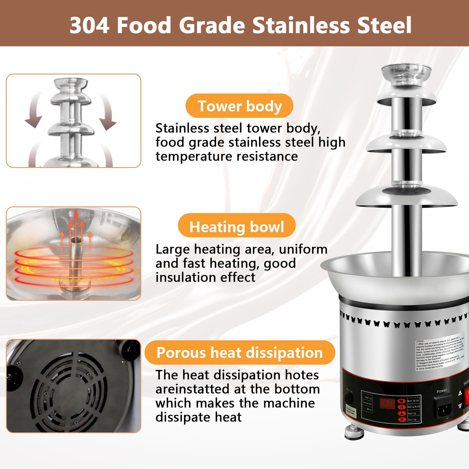Commercial Chocolate Fountain Machine - 4 Tier Stainless Steel Melting Fountain for Chocolate, Cheese, Queso, Candy & Liqueur | Perfect for Weddings, Parties & Events | Elegant Dessert Display for Buffets, Catering & Special Occasions