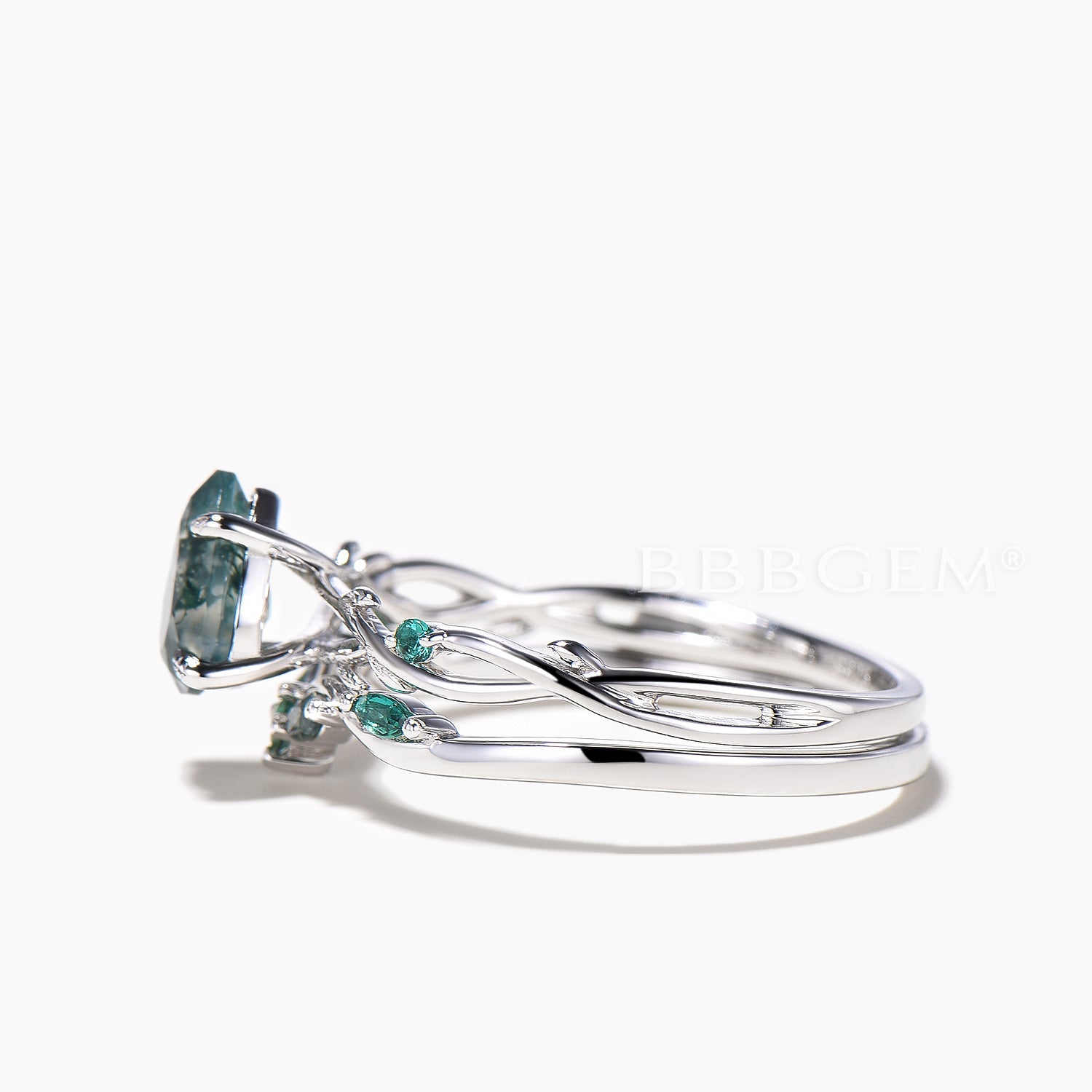 Nature Inspired Twisted Vine Moss Agate & Emerald Bridal Ring Set | Wedding, Engagement, Anniversary Jewelry Gift for Her