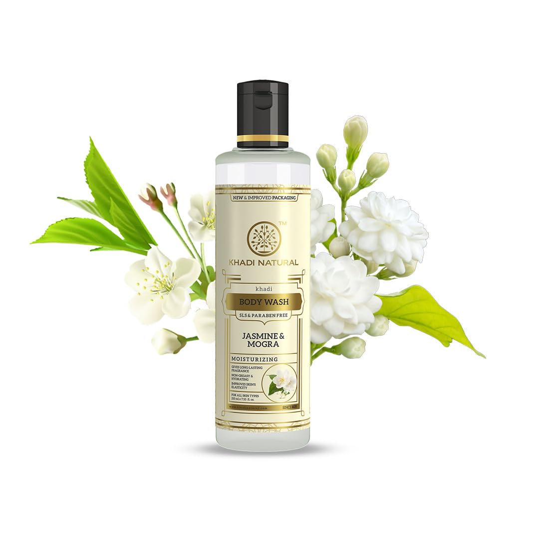 Khadi Natural Jasmine & Mongra Herbal Body Wash for Soft Skin - Hydrating Shower Gel with Pleasant Fragrance, SLS & Paraben Free, Suitable for All Skin Types (210ml) - Perfect for Daily Use, Spa Days & Sensitive Skin Care