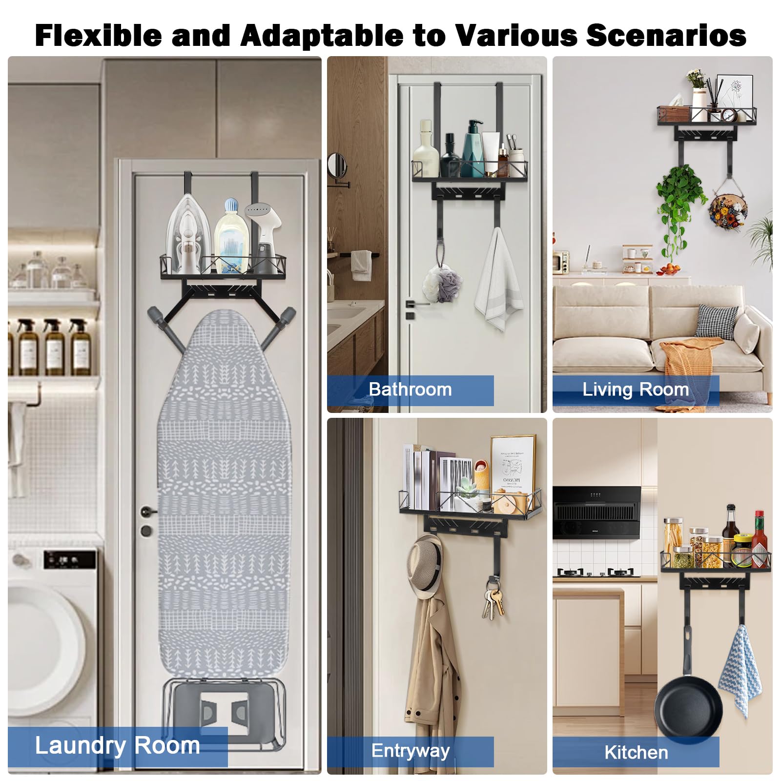 Metal Over The Door or Wall Mounted Ironing Board Hanger - Adjustable Storage Shelf with Hooks for Laundry Room, Living Room, Bathroom - Space Saving Organizer for Home & Apartment (Matte Black)